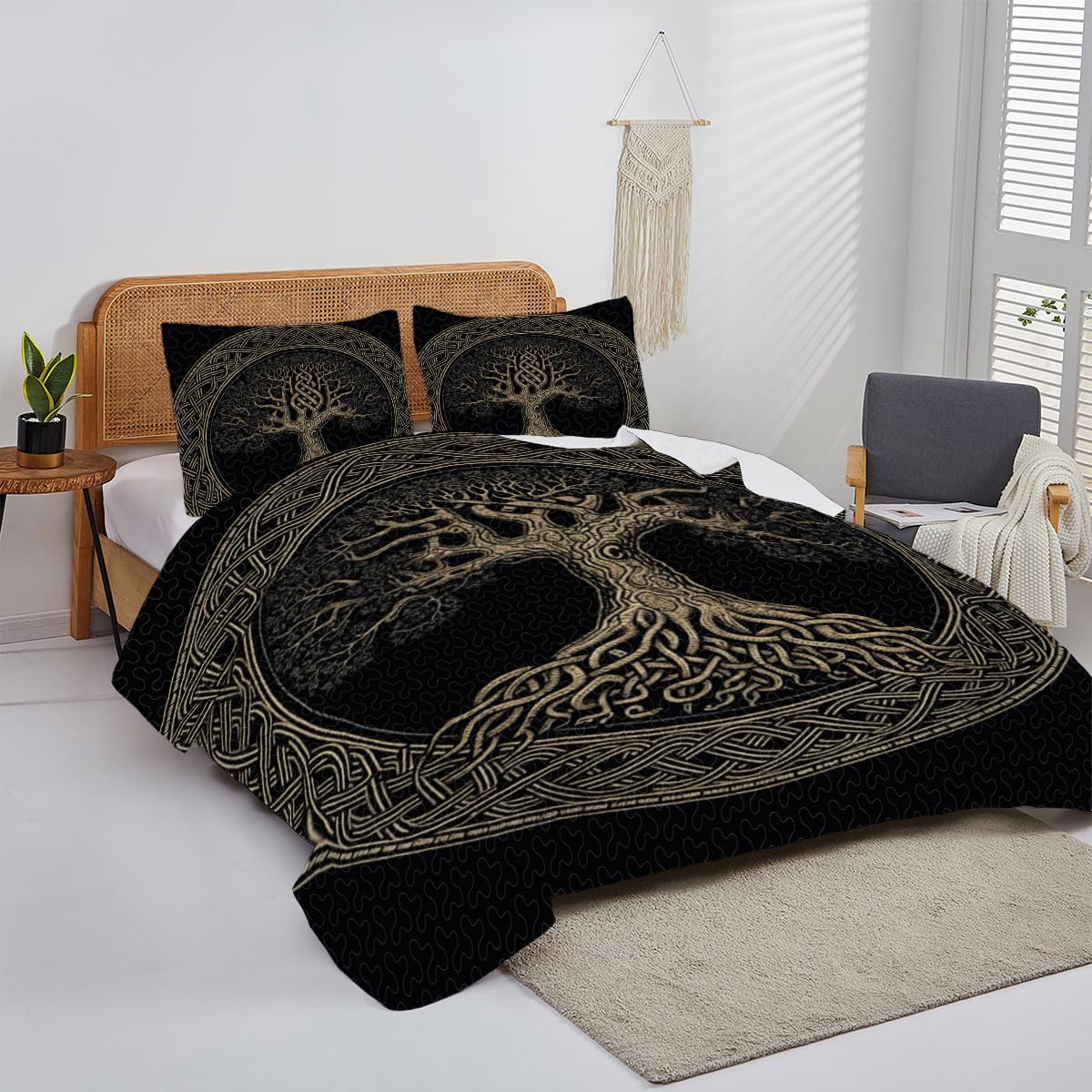 Custom Celtic Tree of Life Quilt Set - King/Queen Size 3-Piece Bedding with Roots Design for Boys & Girls | Perfect for Bohemian Bedroom Decor, Wedding Gift & Spiritual Home Accent