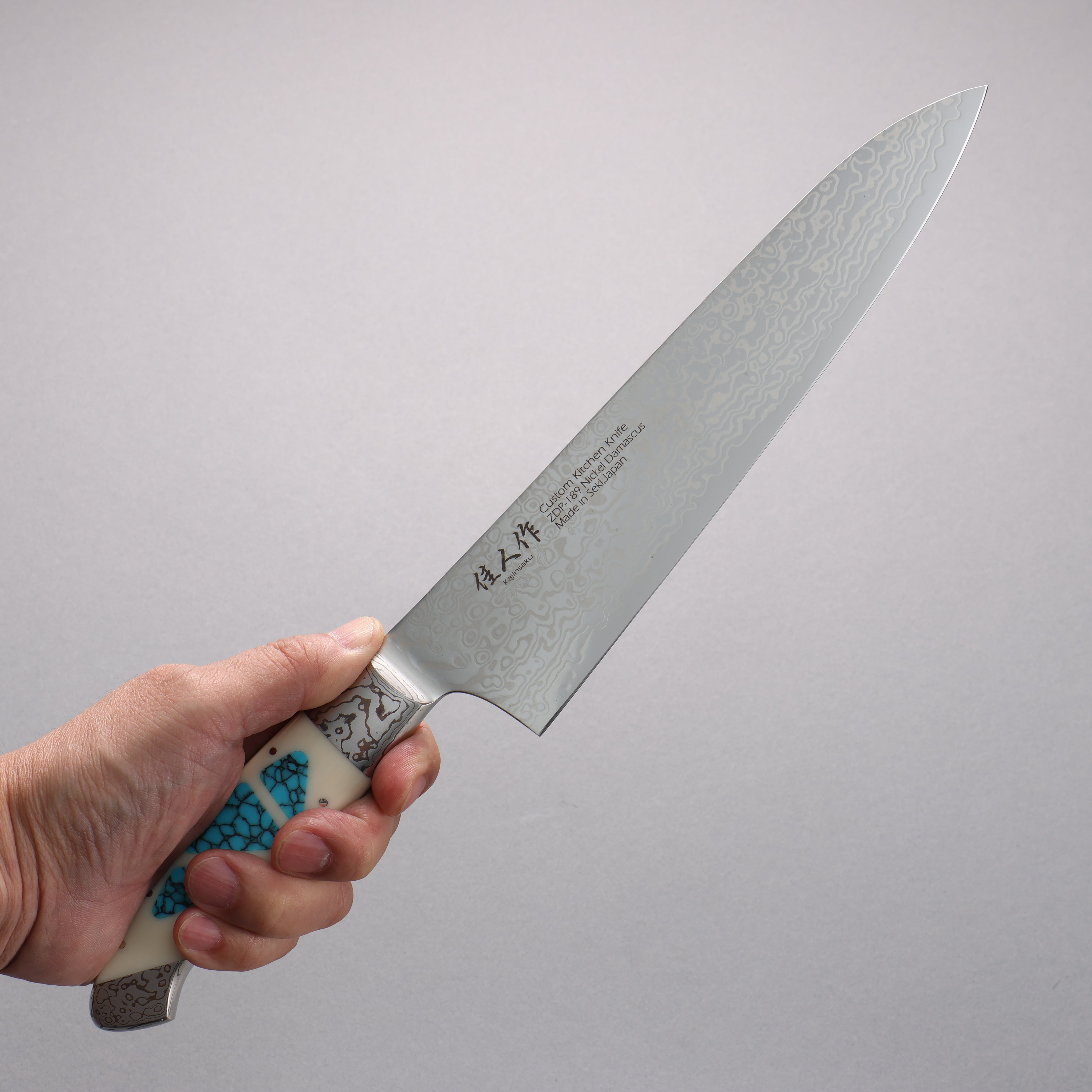 Premium Kajin ZDP-189 Damascus Gyuto Chef Knife 210mm - Corian Handle with Turquoise Inlay - Japanese Kitchen Knife for Professional Chefs & Home Cooking, Perfect for Slicing, Dicing & Meat Cutting