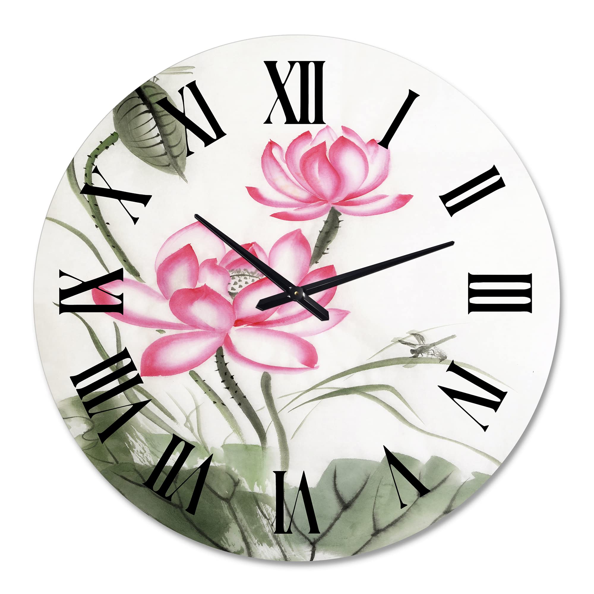 DesignQ Traditional Wall Clock 'Lotus and The Dragonfly I' - Large Floral & Botanical Wall Clock for Kitchen, Living Room, Bedroom Decor - Perfect for Home, Office, and Gift Giving