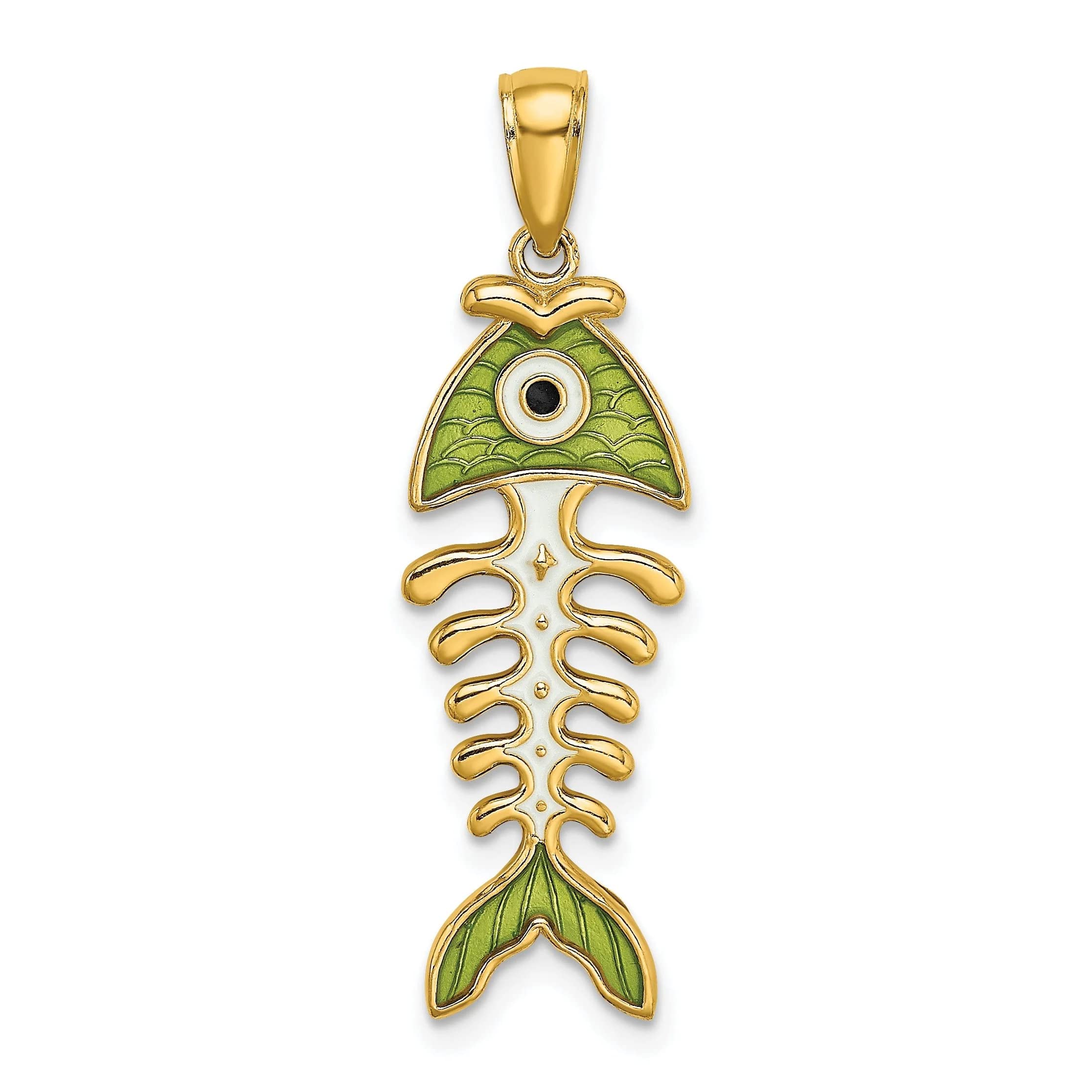 14K Yellow Gold Polished Fish Bone Charm with Green Enamel - Elegant Jewelry for Women, Perfect for Necklaces, Bracelets & Gift Giving