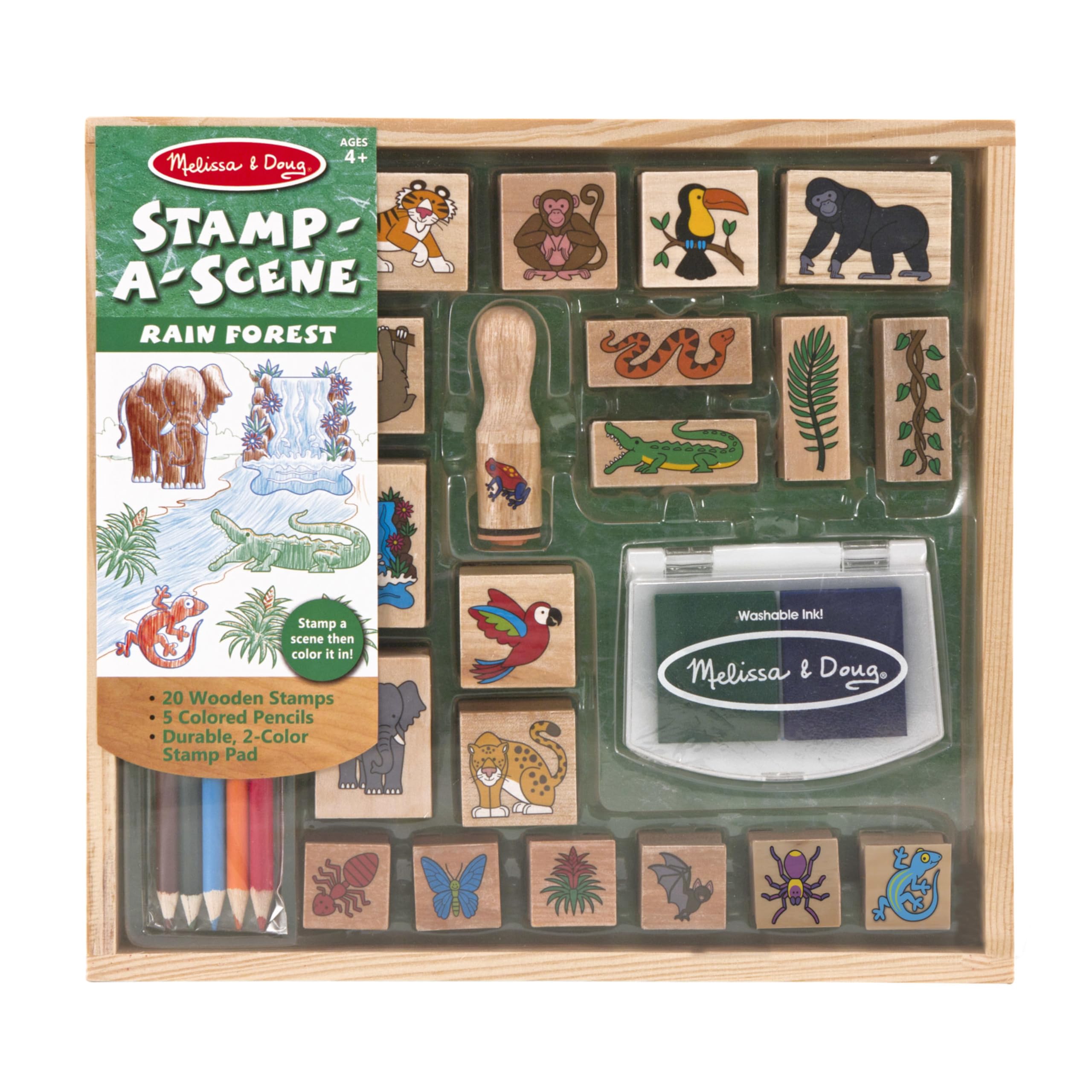 Melissa & Doug Rain Forest Stamp-a-Scene Set - 20 Wooden Stamps, 5 Colored Pencils & 2-Color Stamp Pad for Kids Art Activities, DIY Greeting Cards & Creative Play