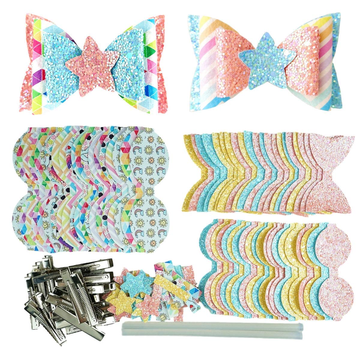 AOUXSEEM DIY Faux Leather Hair Bows Kit - 20 Pre-Cut Pieces with Hair Clips for Girls, Women & Ladies - Medium Rainbow Style Fashion Accessories for Parties, Weddings & Daily Wear