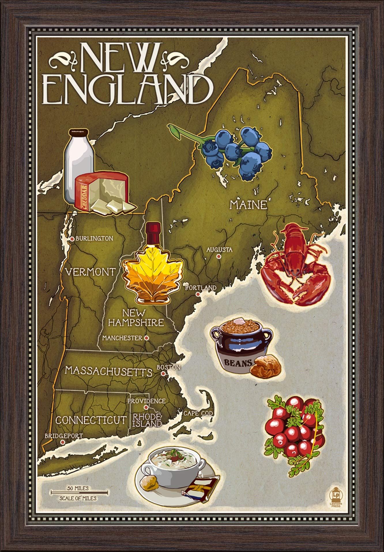 Foods of New England Map - 16x24 Inch Giclee Fine Art Print with Recycled Wood Frame in Espresso Brown - Perfect for Kitchen Decor, New England Themed Dining Room, or Gift for Food Lovers