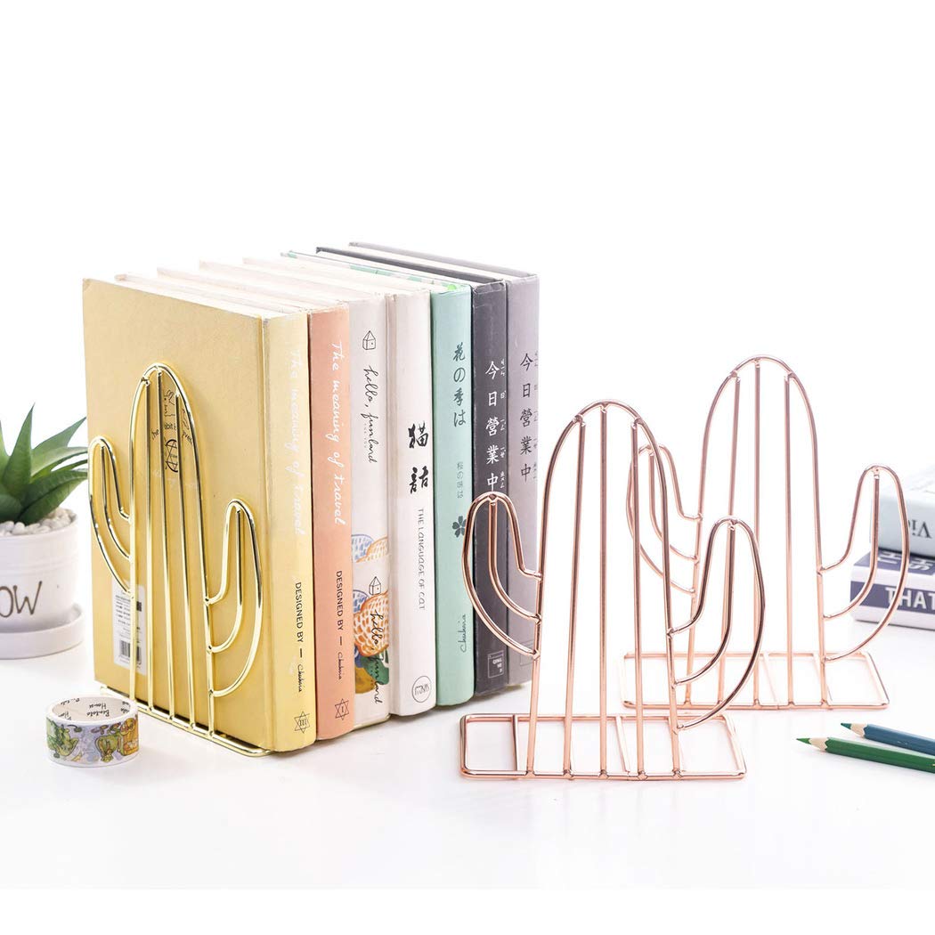 Minimalist Metal Bookends - Adjustable Book Holder Stand for Desk, Gold Cactus Design | Perfect for Office, Home Library & Bookshelf Organization