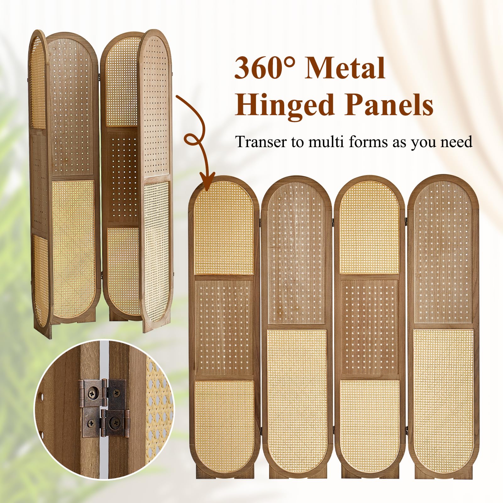 Rattan Room Divider Panel - 4-Panel Folding Privacy Screen with 16 Hooks | Pegboard Display for Jewelry Store, Bazaar & Bedroom | Wooden Partition Wall for Home, Office & Retail Spaces (Brown)