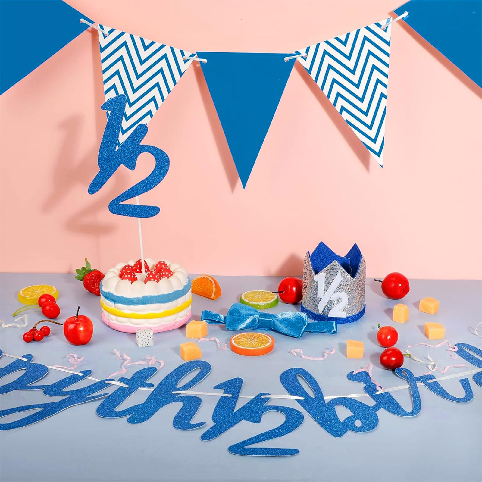 Spakon Glitter Half Birthday Banner Set - 6 Months Happy Birthday Decorations for Baby Boy & Girl - Includes Cake Topper, Triangle Flags, Crown Hat & Bow Tie (Dark Blue) - Perfect for 1/2 Year Celebrations, Photo Shoots & Milestone Parties