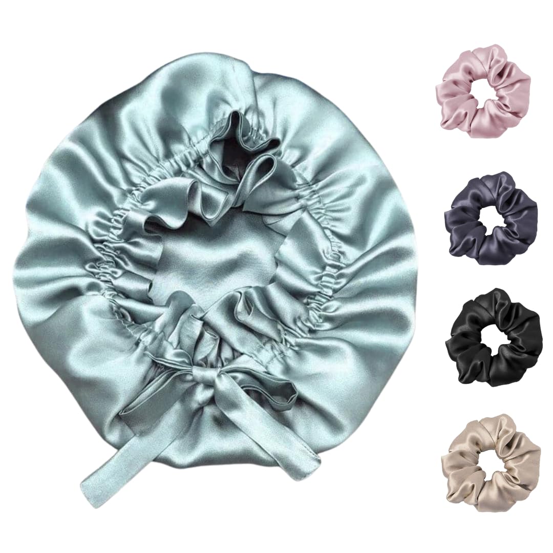Attune Satin Silk Bonnet for Hair with 4 Premium Scrunchies - Adjustable Silk Sleeping Cap for Curly & Natural Hair - Breathable Satin Hair Bonnet with Drawstring (Sky Blue) - Perfect for Nighttime Hair Protection & Travel