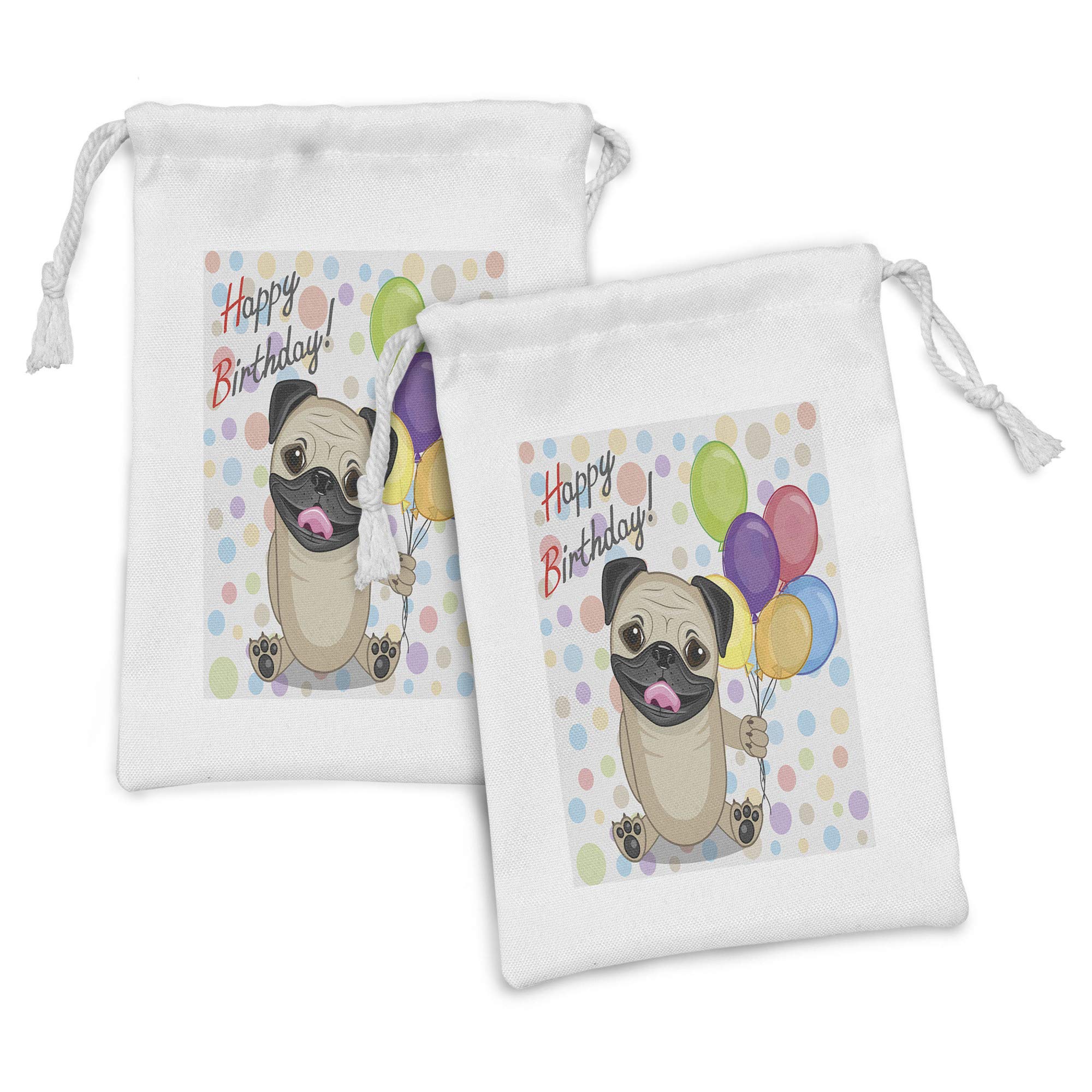Ambesonne 2-Pack Birthday Party Fabric Pouches - Cute Smiling Pug Dog with Balloons Print, Small Drawstring Bags for Toiletries, Makeup, Jewelry & Party Favors (9