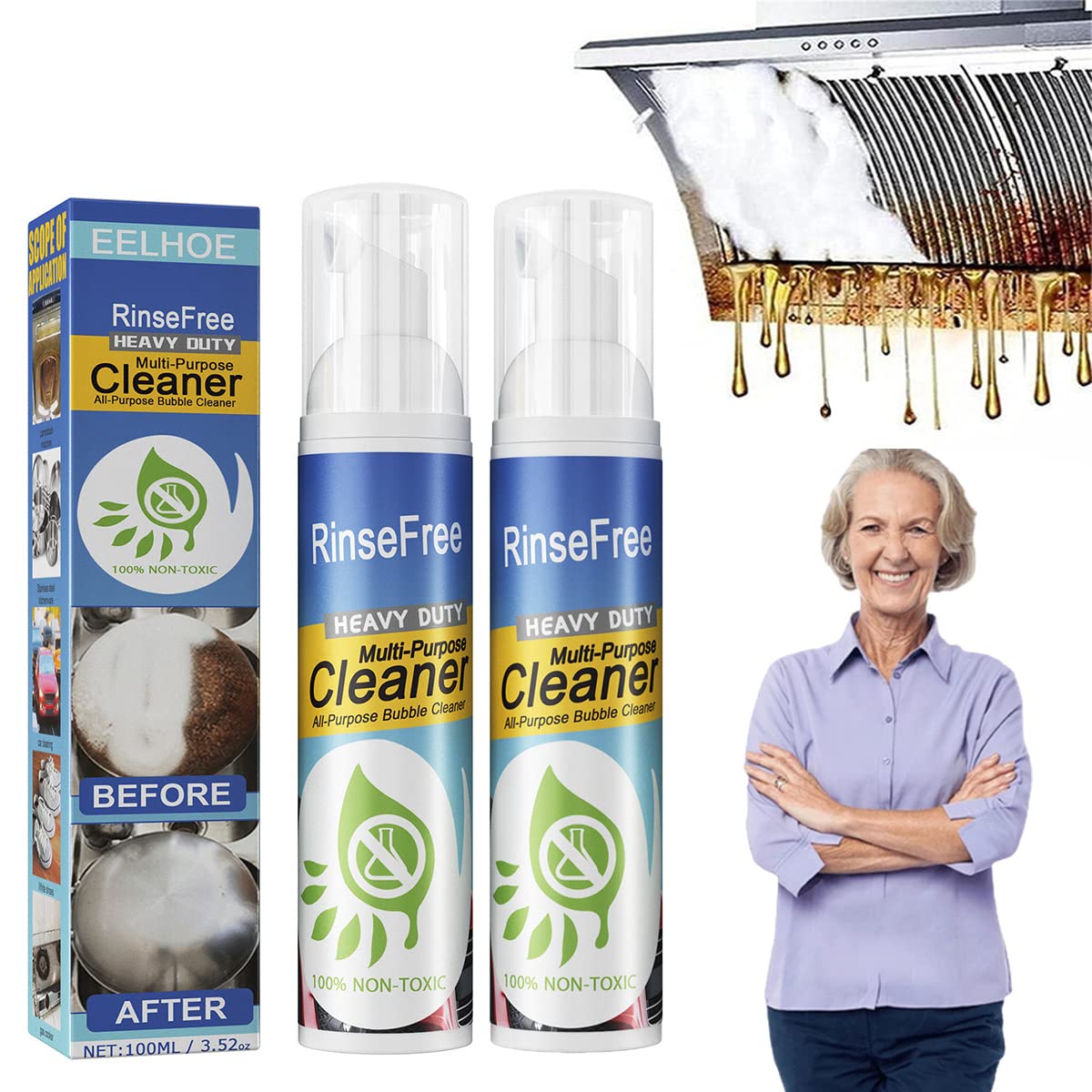 2022 New Powerful Stain Removing Foam Cleaner - 100ml All-Purpose Bubble Cleaner for Kitchen, Range Hood, Oven, Pots, Grill & Sink | Heavy-Duty Degreaser & Oil Remover | 2-Pack for Deep Cleaning & Stain Removal