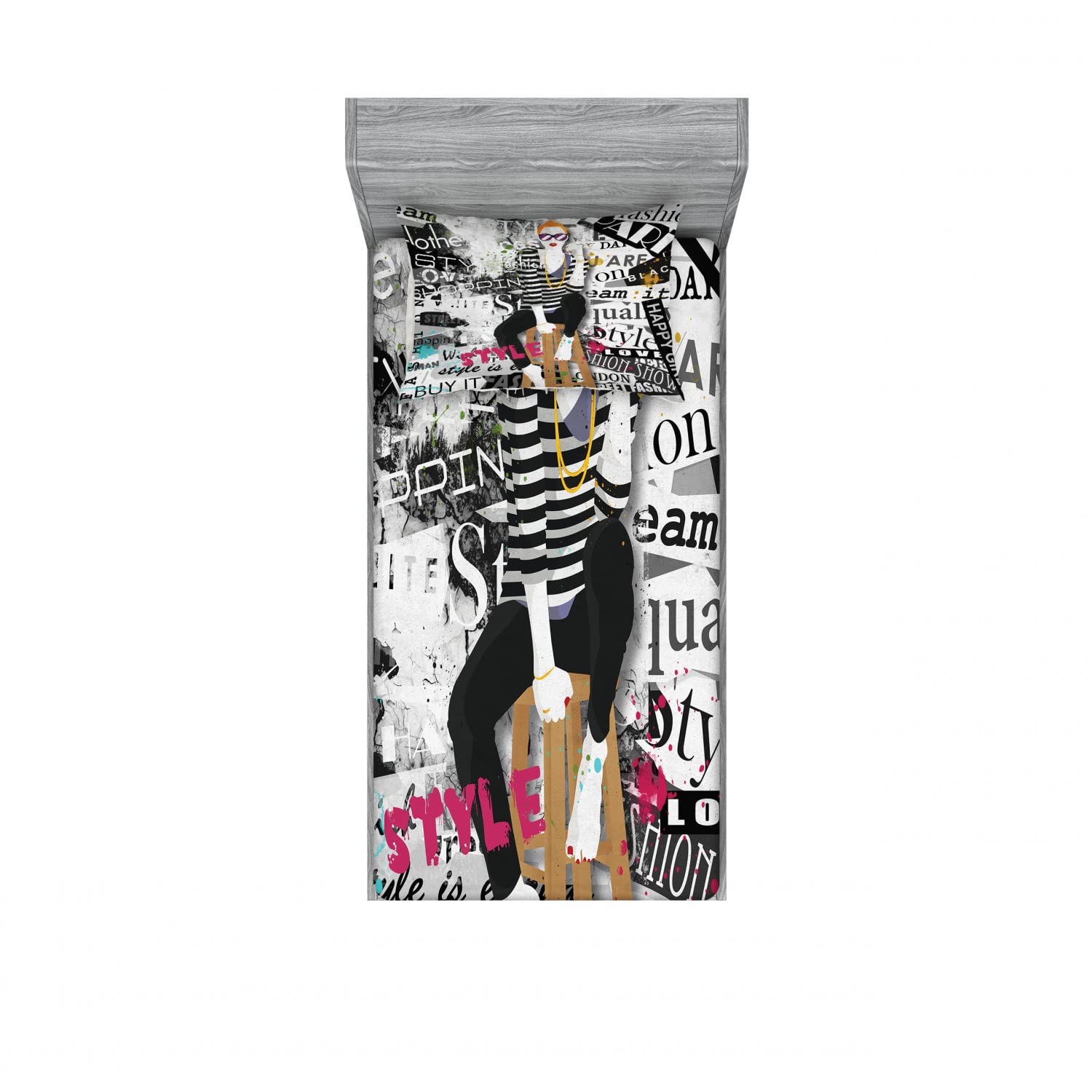 Ambesonne 2-Pack Twin Size Fitted Sheet & Pillow Sham Set - Grunge Fashion Girl Design - 4 Piece Bedding Set (2 Fitted Sheets + 2 Pillow Covers) in Black & White - Perfect for Teen Bedrooms, Dorm Decor & Alternative Style Home Decor