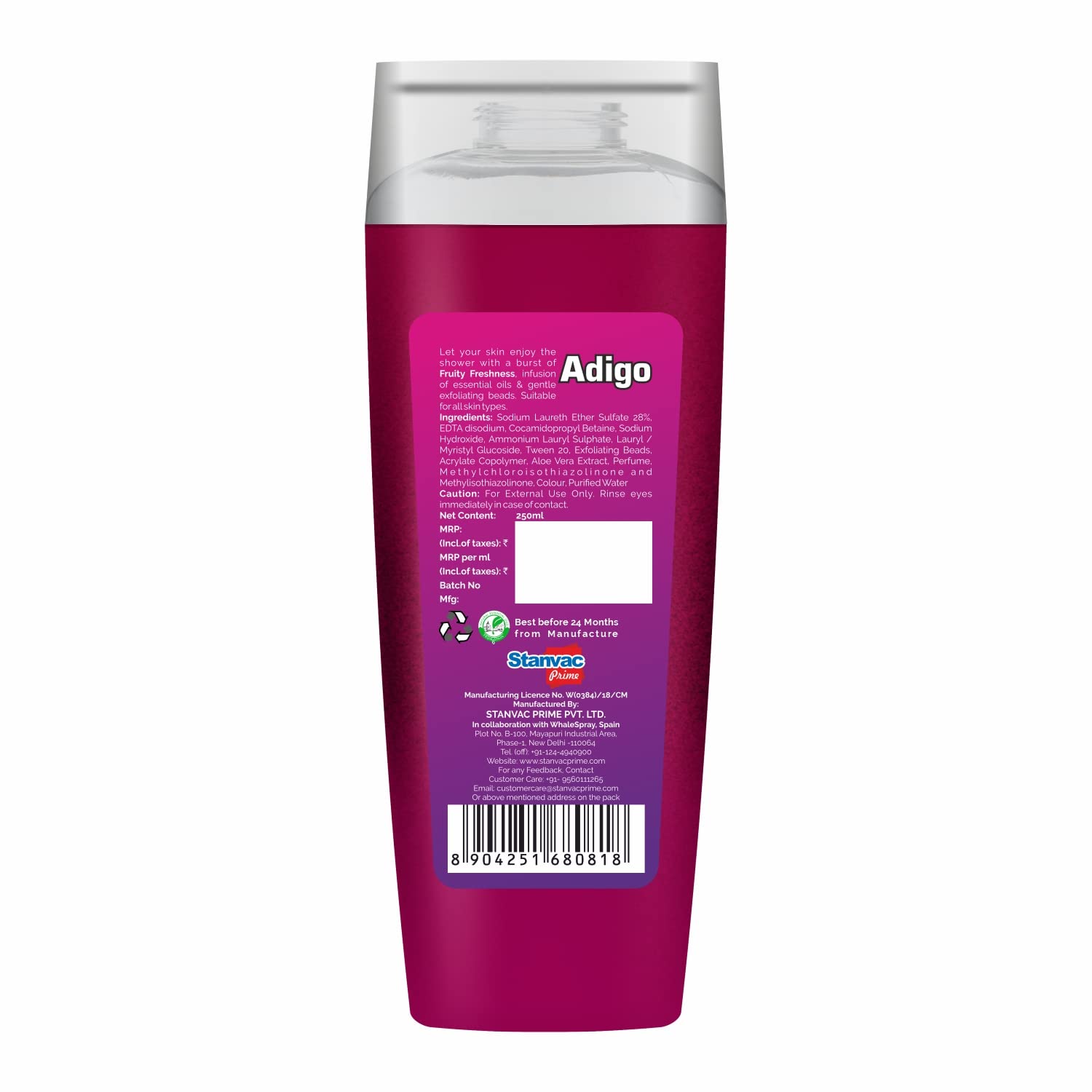 Adigo Shower Gel for Men & Women - Essential Oil Infused Body Wash with Exfoliating Beads | Moisturizing Formula & Odor Control | 250ml Fruity Scent | Perfect for Daily Shower & Post-Workout Refresh