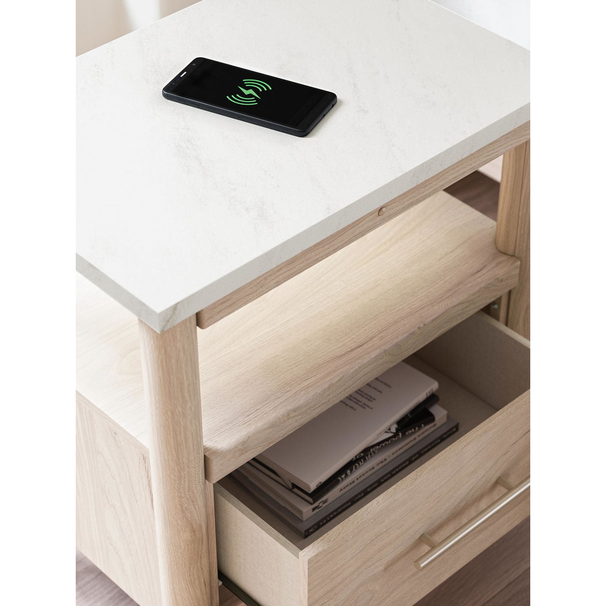 Modern Nightstand with USB Ports - Stylish Bedside Table with Charging Station for Bedroom, Living Room, or Office - Wooden End Table with Storage Shelf