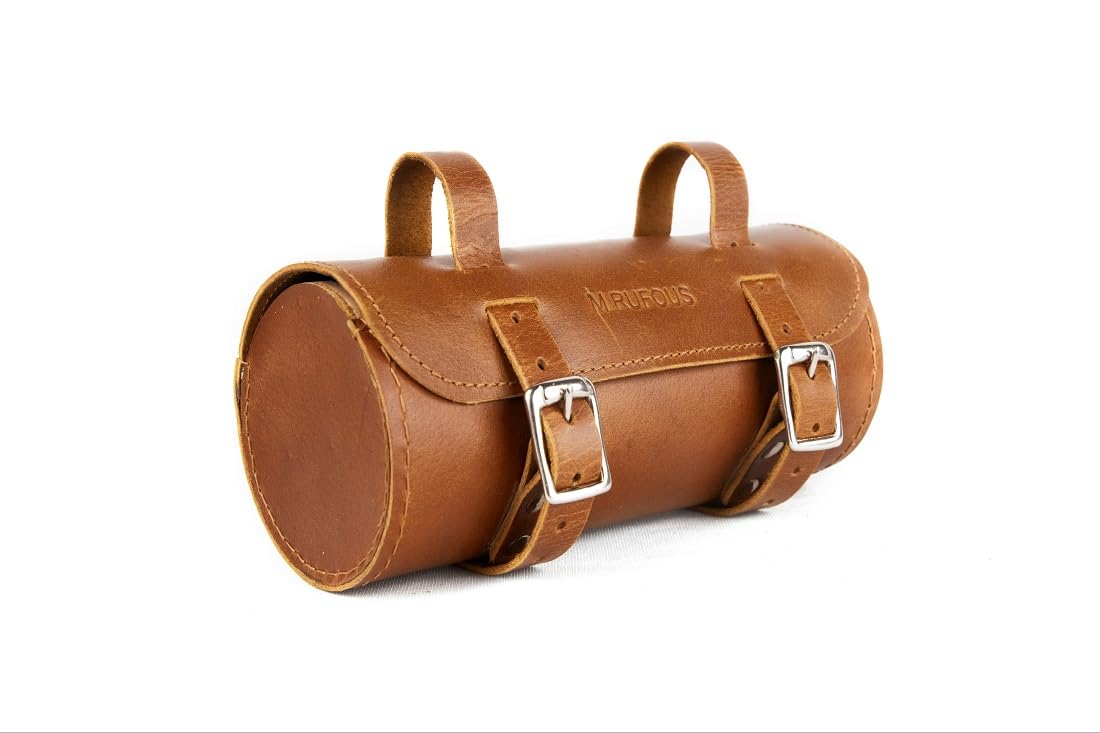 Genuine Leather Under Seat Bicycle Bag - Premium Handcrafted Bike Saddle Bag with Brass Buckle, Cell Phone Holder & Free Waterproof Cover | Perfect for Cycling Commutes, Mountain Biking & Urban Rides (Brown)