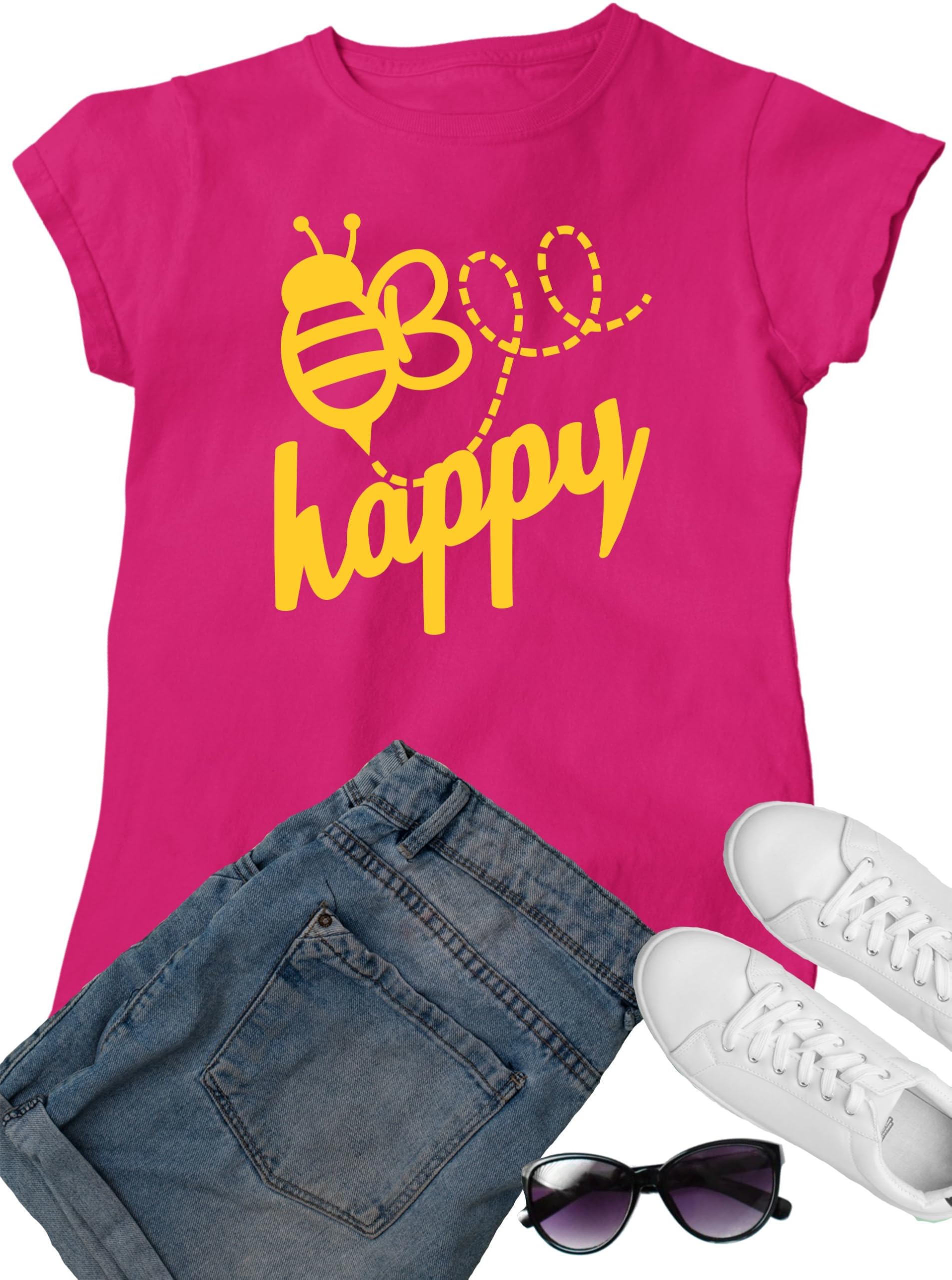 Women's Bee Happy Graphic T-Shirt - Cute & Comfortable Casual Tee for Everyday Wear | Perfect for Summer, Outings & Gifts