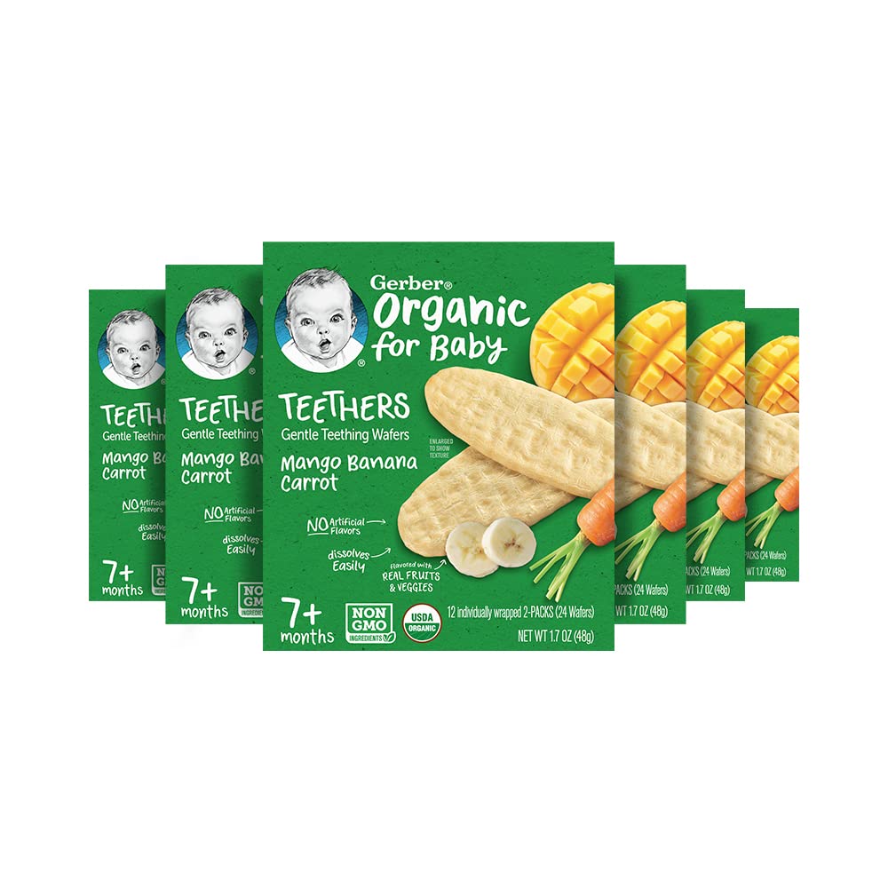Organic Gerber Baby Teething Wafers - Mango Banana Carrot Flavor, 1.7oz (6-Pack) | Gentle Snacks for Teething Infants | Perfect for On-the-Go & Daycare