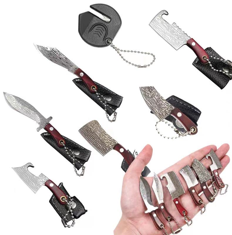 Premium Damascus Steel Pocket Knife Set - 7-Piece Mini Chef Knife with Sheath, EDC Knives, Box Cutter, Bottle Opener & Sharpener | Perfect for Camping, Hiking, Survival & Everyday Carry