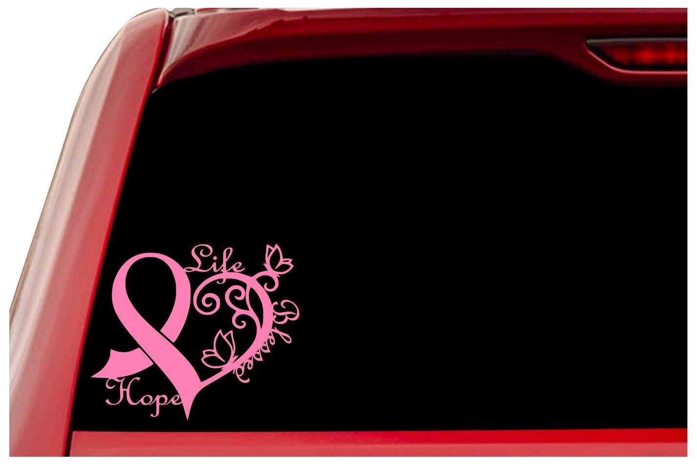 Pink Cancer Awareness Ribbon Heart Butterfly Vine Decal Vinyl Sticker - 6.4 x 5.5 Inch - for Cars, Trucks, SUV, Vans, Walls, Windows & Laptop - Perfect for Breast Cancer Awareness Month, Fundraisers & Showing Support