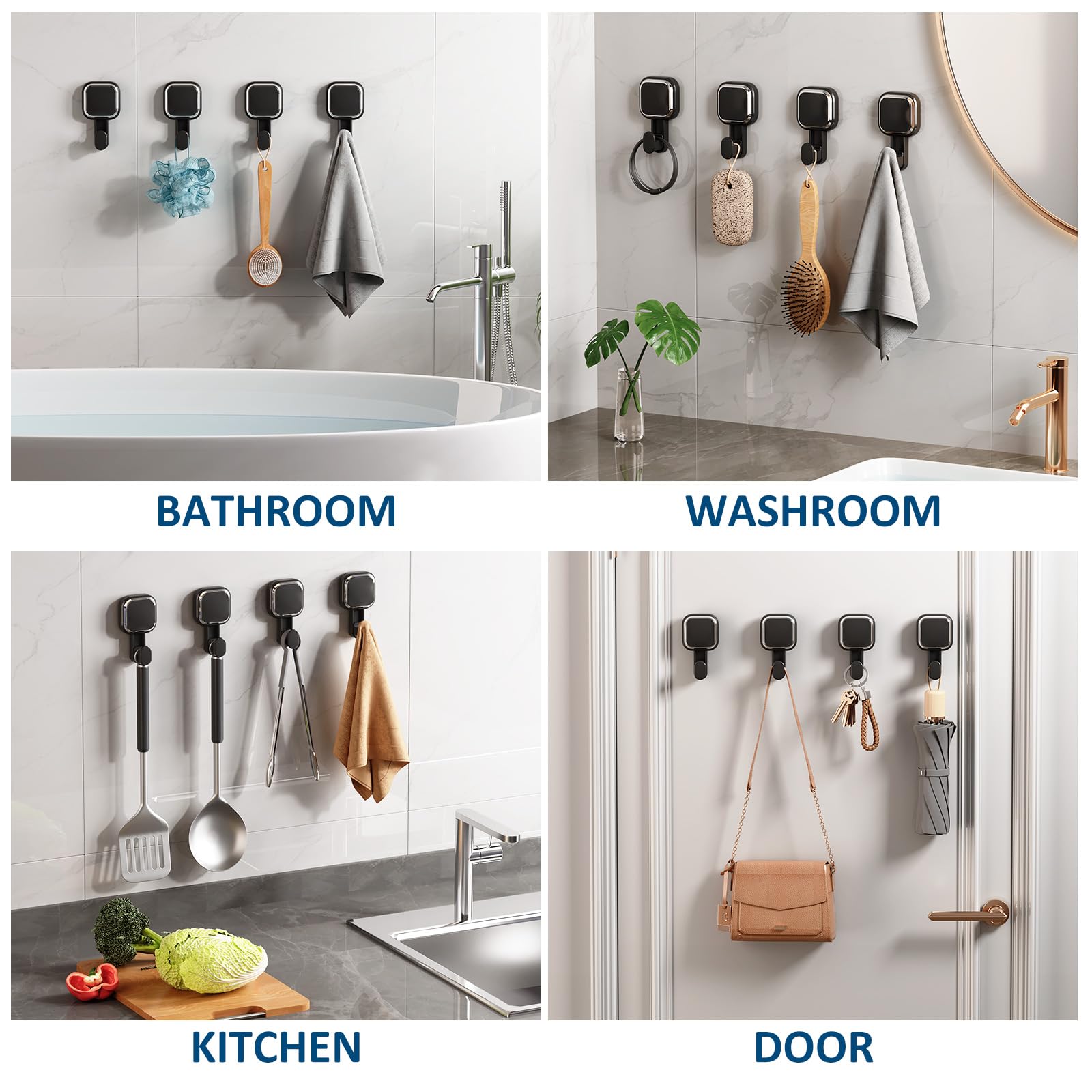 Damage-Free Hanging Suction Cup Shower Hooks - Powerful Vacuum Suction Loofah & Towel Holder for Bathroom - Easy Install & Remove - Black (4 Pack) - Perfect for Organizing Shower Accessories, Hanging Sponges & Washcloths