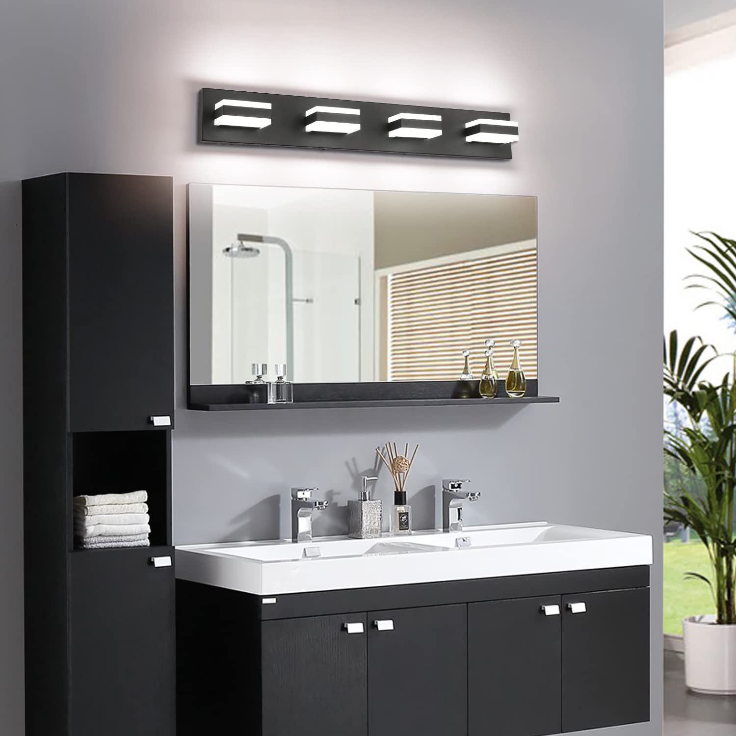 SOLFART Black Bathroom Vanity Light Fixture - 4-Light LED Dimmable Bathroom Lighting, 32W Cool White 6000K, 0%-100% Brightness Adjustable - Perfect for Modern Bathrooms, Powder Rooms & Vanity Areas