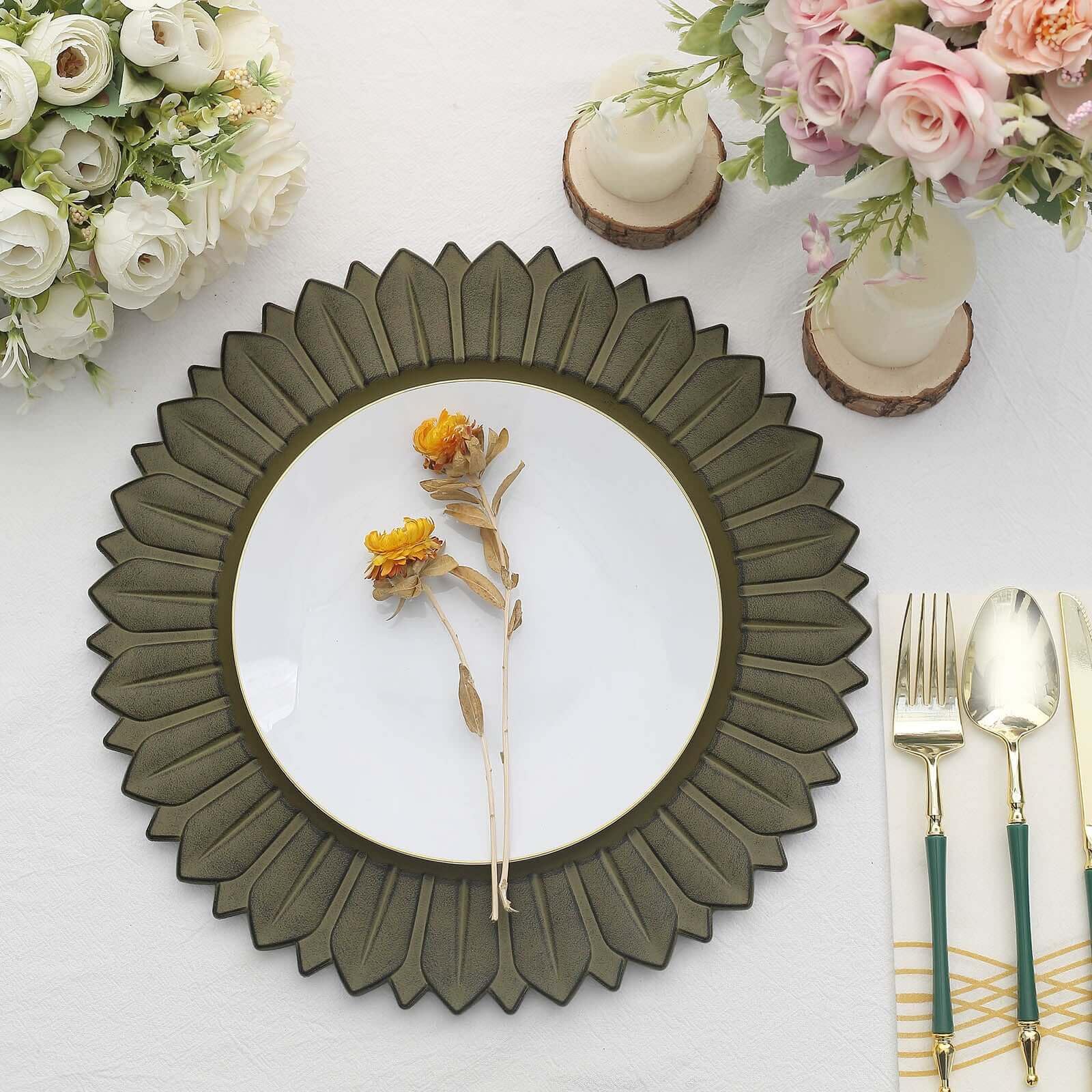 Efavormart 6 Pack 13 Inch Matte Olive Green Sunflower Plastic Charger Plates - Disposable Round Serving Trays for Weddings, Parties, and Events - Elegant Dinnerware for Home Decor and Special Occasions