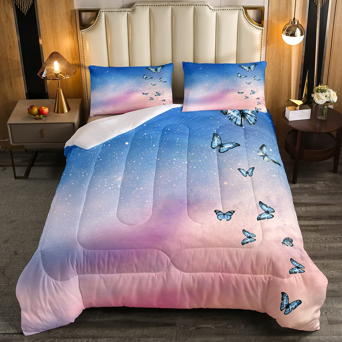 **Blue Butterfly Comforter Set for Kids - Fantasy Galaxy Themed Bedding Set for Boys & Girls, Bright Blue & Pink, Fairy Dreamy Flying Animal Quilt Set, 3Pcs Full Size - Perfect for Bedroom Decor & Themed Kids' Rooms**