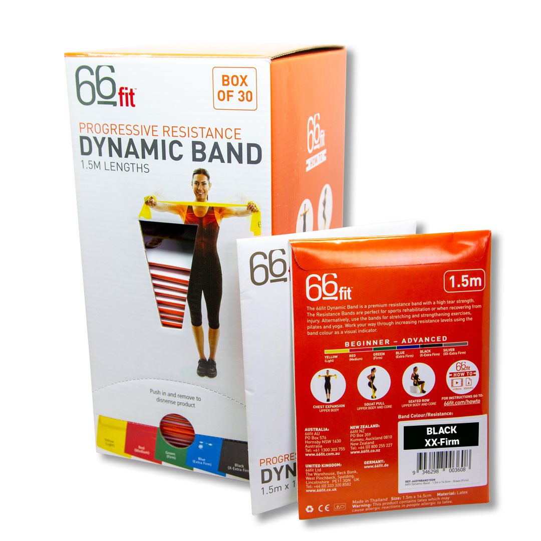 66Fit Dynamic Resistance Exercise Bands - 1.5m Length, Box of 30 - Perfect for Home Workouts, Strength Training, Yoga & Physical Therapy
