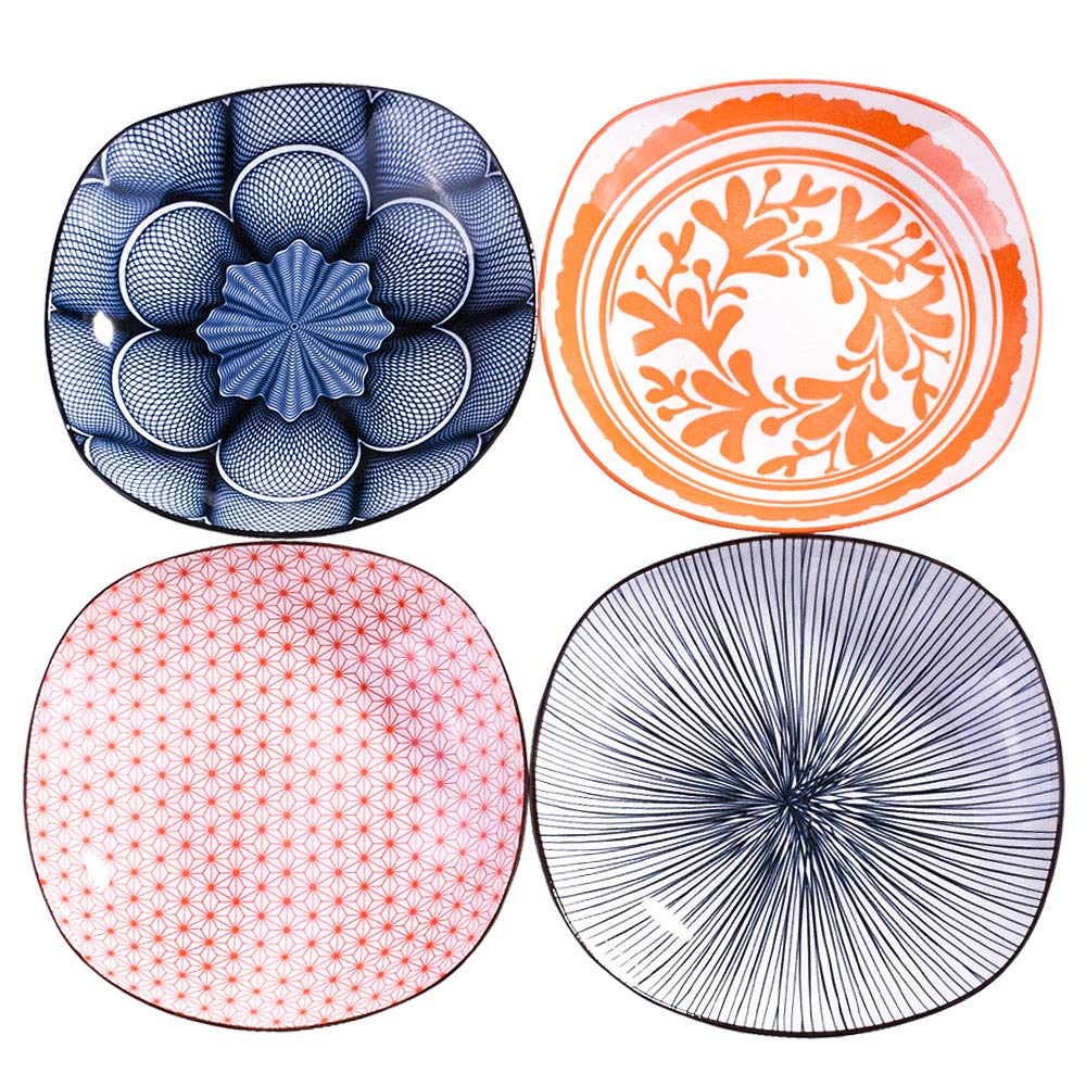 8 Inch Porcelain Dinner Plate Set of 4 - Large Japanese Style Square Ceramic Plates with Red & Black Patterns - Perfect for Appetizers, Sushi, Tapas, and Home Decor