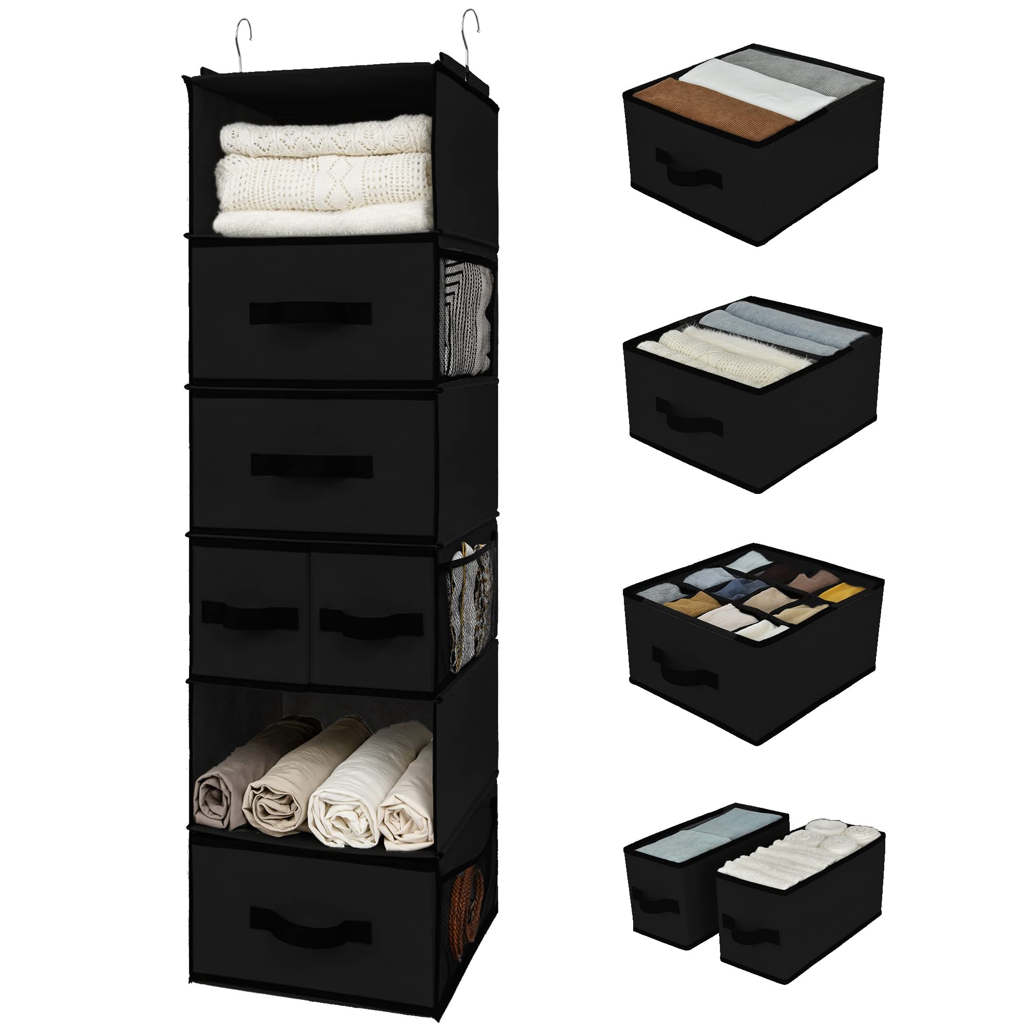 GRANNY SAYS Hanging Closet Organizer with 6 Shelves & 5 Drawers - Wardrobe Storage Solution with 6 Side Pockets for Clothes, Shoes & Accessories - Space Saving Closet Organizer for Bedroom, Dorm or Apartment (Black, 1-Pack)