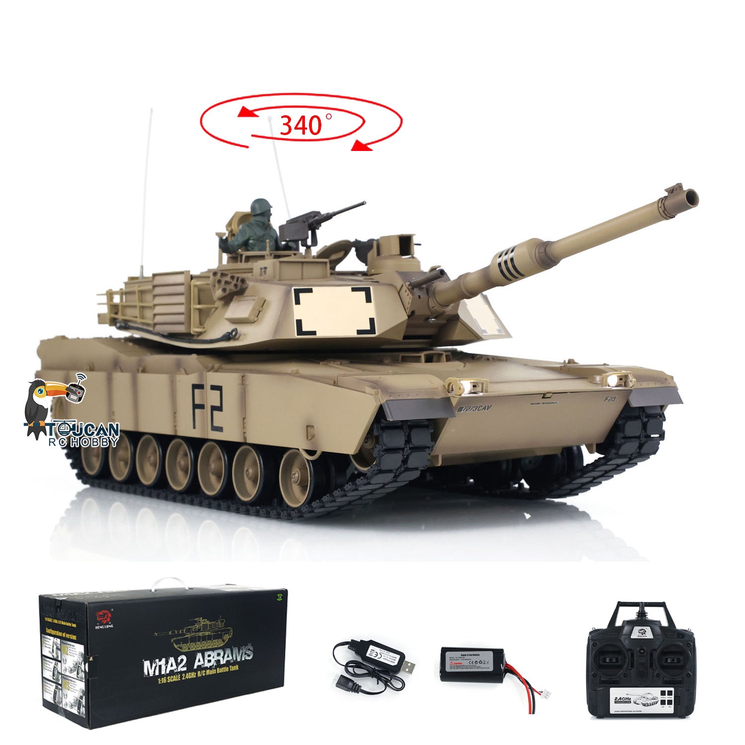 1:16 Scale Henglong M1A2 Abrams RC Tank - 2.4GHz Remote Control, RTR Ready-to-Run, Infrared Battle System, USB Rechargeable Battery (US Stock) - Perfect for Military Enthusiasts & RC Hobbyists