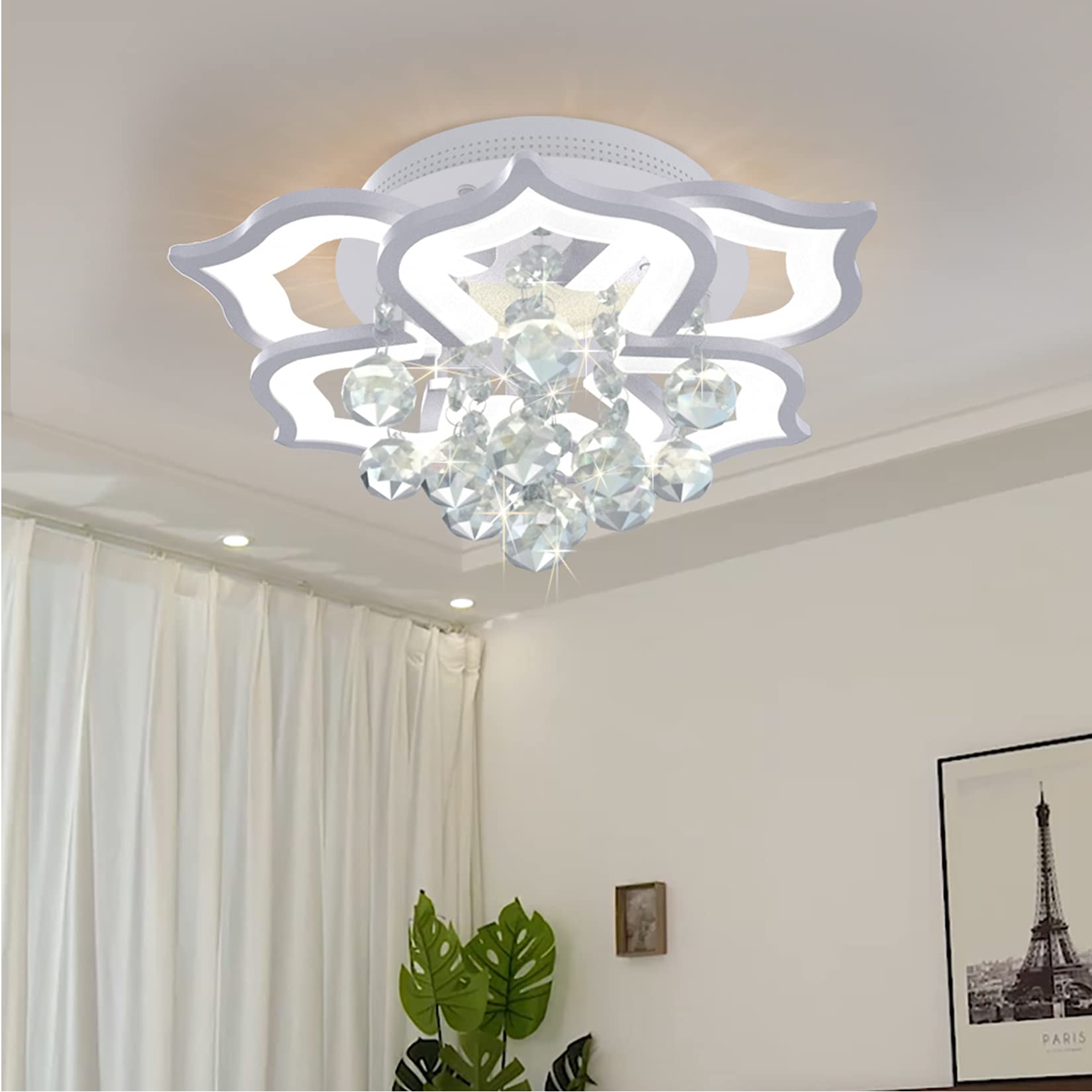 Modern Crystal Flush Mount LED Chandelier - 6-Light Ceiling Flower Lamp with Remote Control, 24W, 19.7