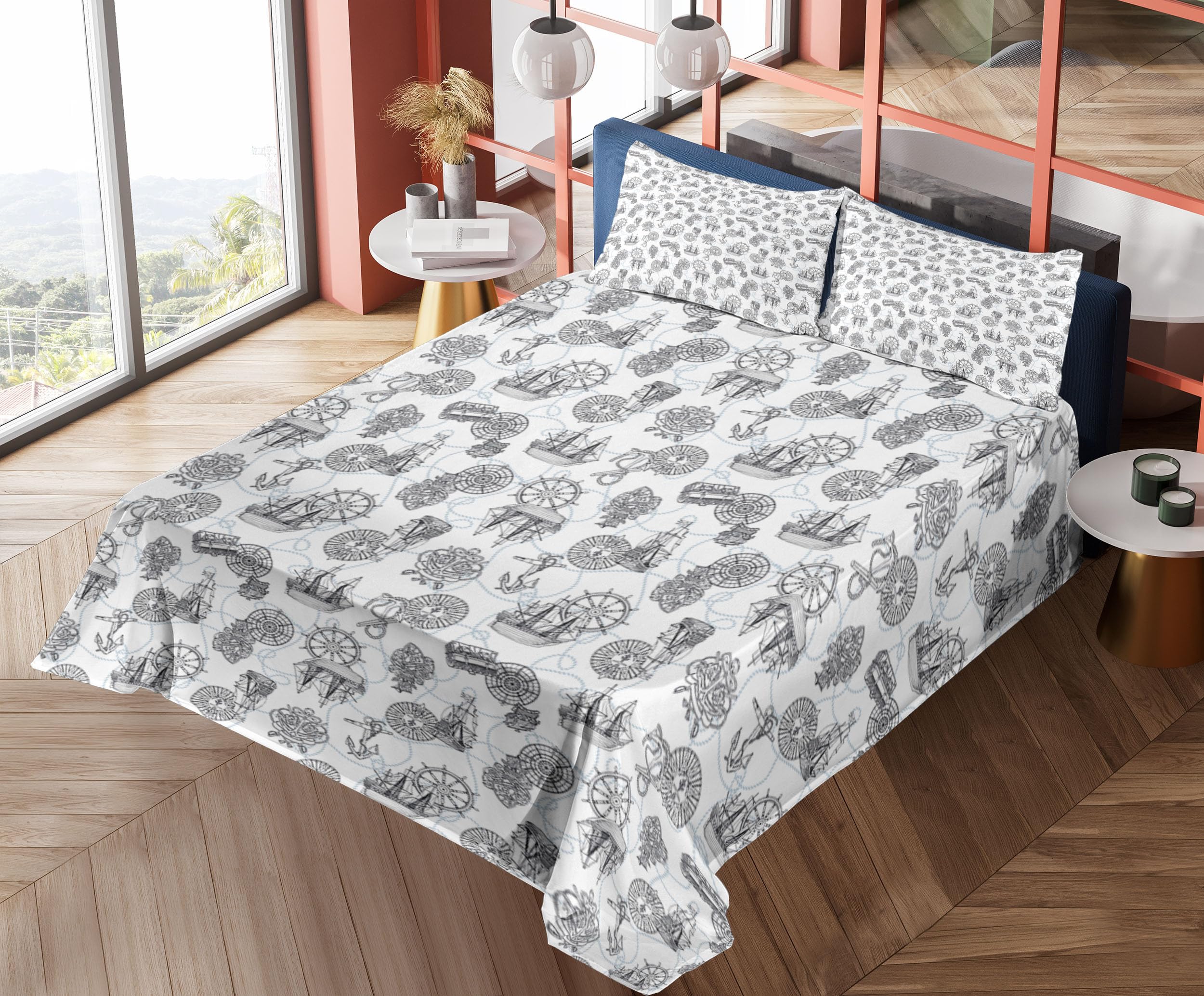Ambesonne 4-Piece Queen Bedding Set - Nautical Compass & Sailing Boat Design with Antique Ships Wheel & Anchor in Black, Blue-Grey & White | Perfect for Coastal, Beach House or Marine-Themed Bedrooms