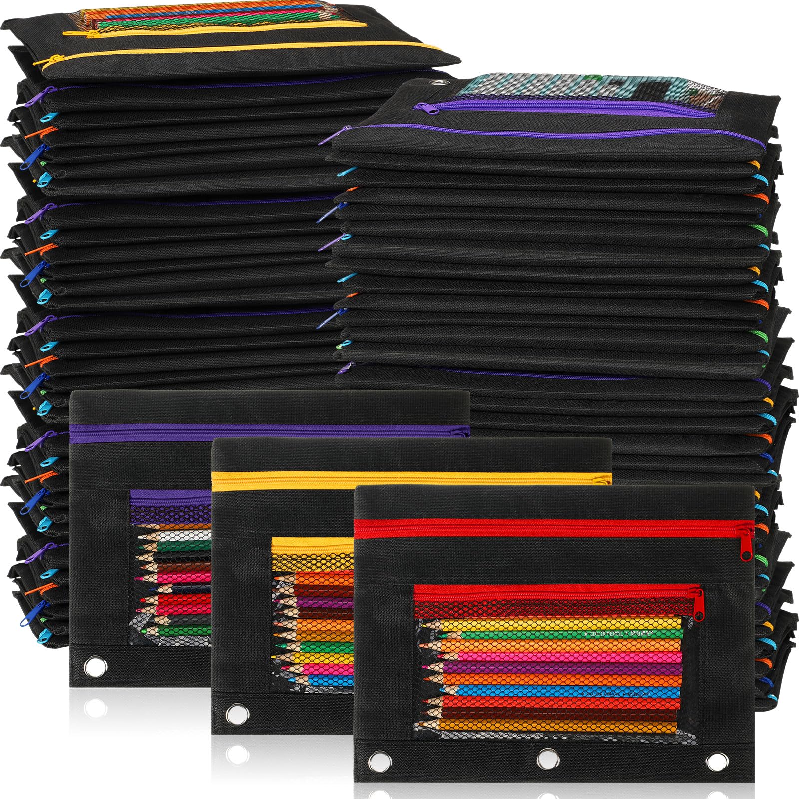 150-Piece Zipper Binder Pencil Pouch Set - 3-Ring Binder Organizer with Clear Window & Dual Zippers - School & Office Supplies for Students (Black) - Perfect for Backpack Organization, Homework Storage & Classroom Essentials
