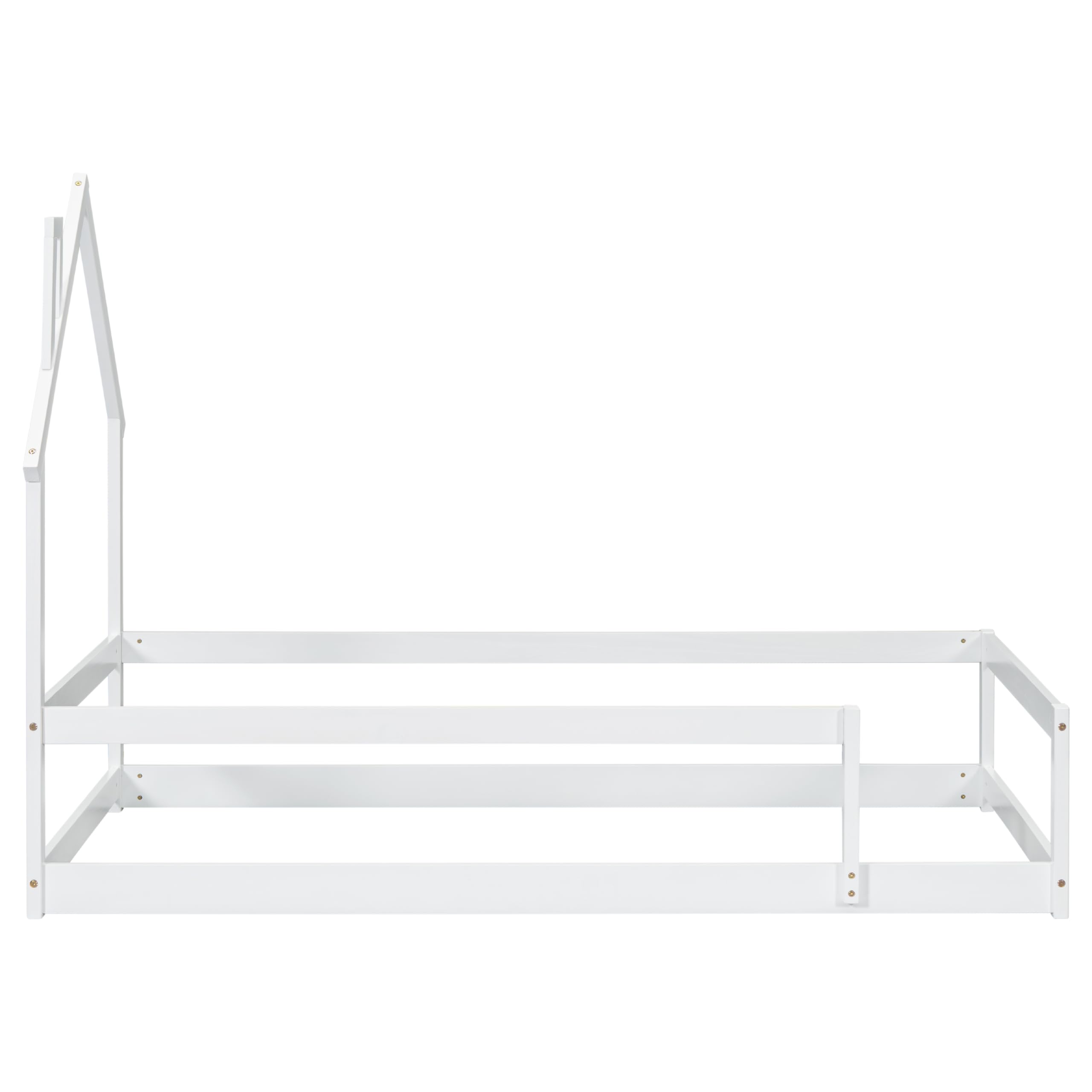 Bellemave Twin Size House-Shaped Headboard Floor Bed with Safety Fences - Solid Wood Montessori Bed for Kids, Toddlers & Teens - Playful House Bed Frame for Girls & Boys (White) - Perfect for Bedrooms, Playrooms & Montessori Learning Spaces