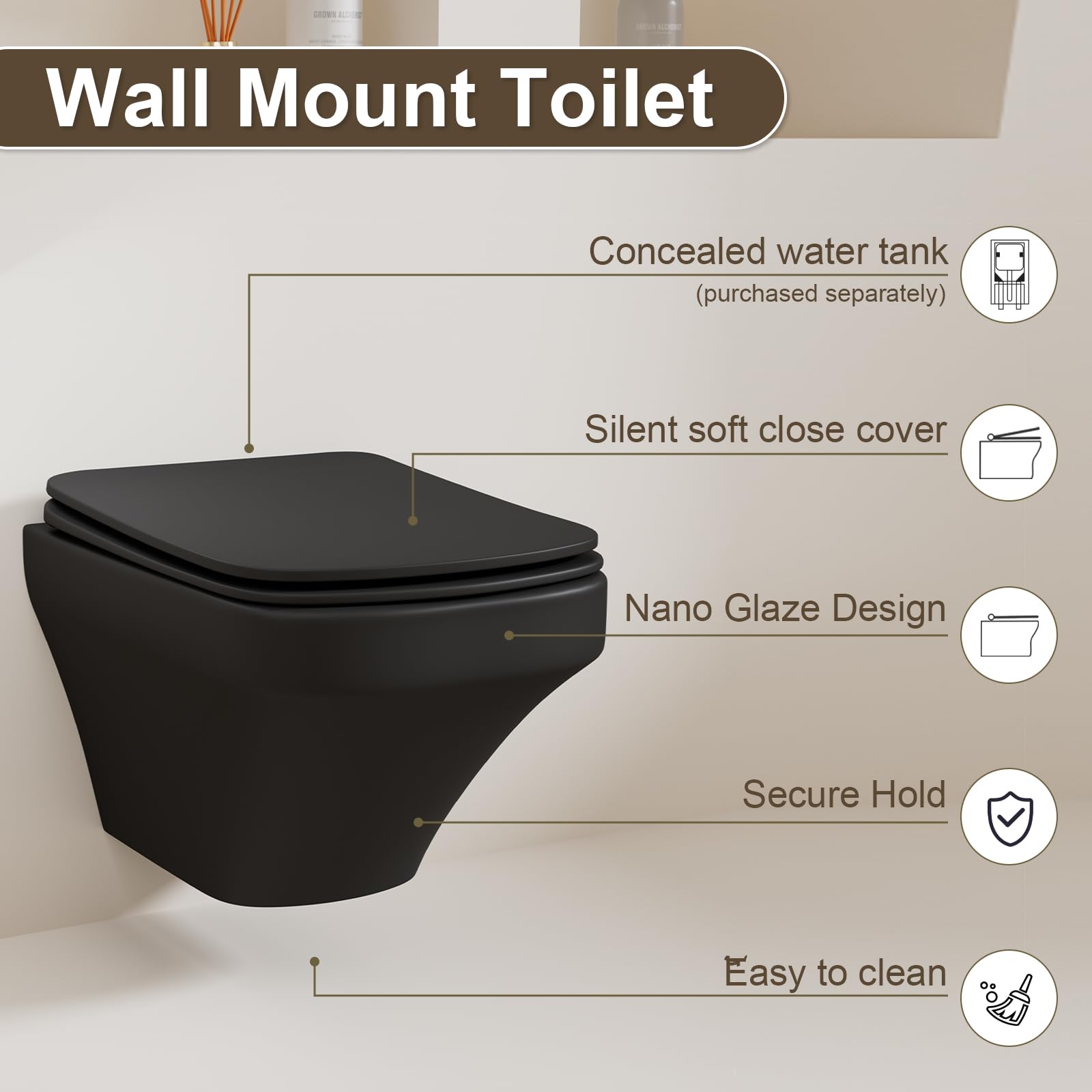 Simple Project One Piece Elongated Square Wall Mount Toilet in Matte Black - Space-Saving Wall Hung Toilet Bowl with Soft-Close Seat for Modern Bathrooms | Perfect for Small Bathrooms, Luxury Homes & Commercial Spaces