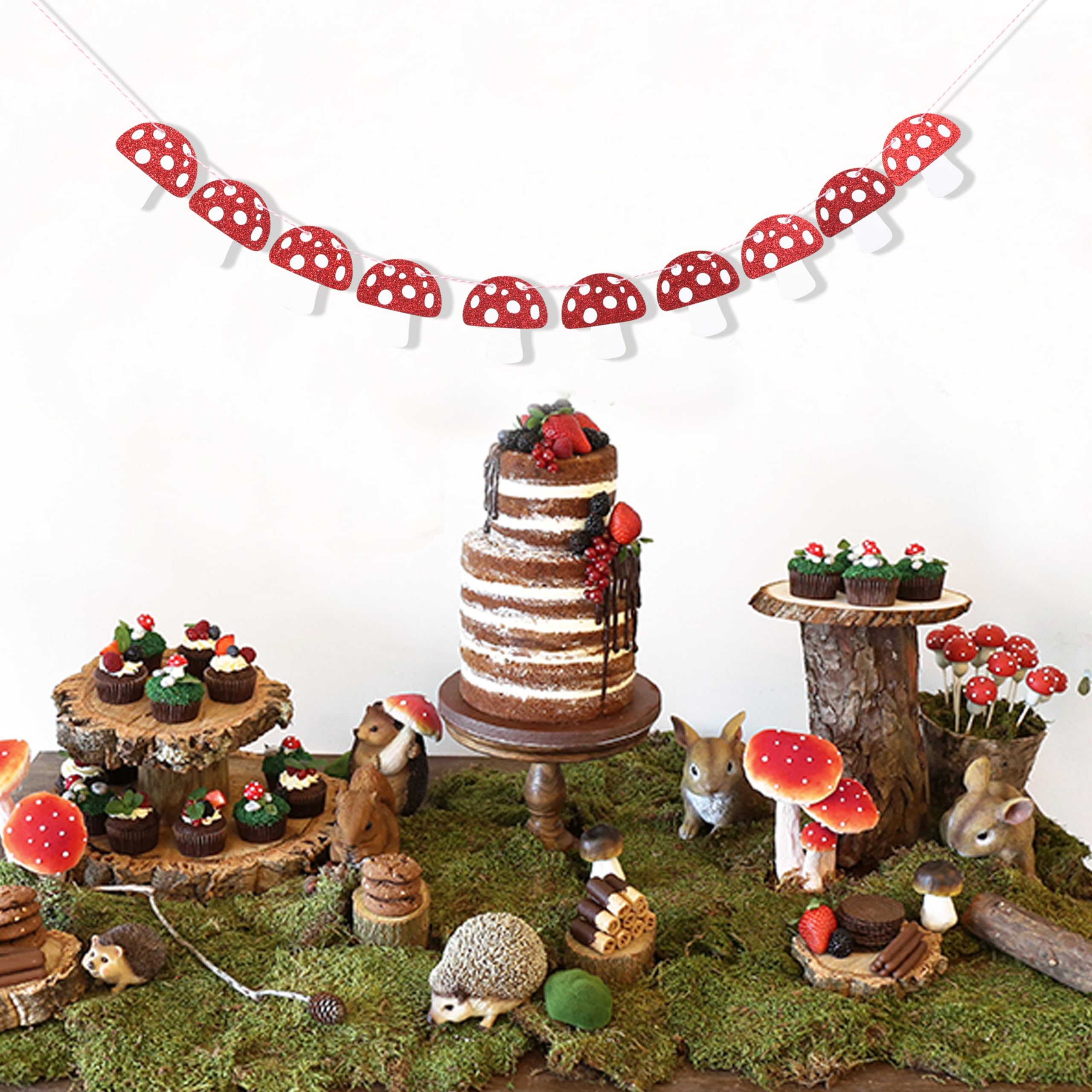 Red Glitter Mushroom Garland - Woodland Party Decorations, Fairy Birthday Banner, Mushroom Theme Party Supplies for Forest Themed Events, Baby Showers & Boho Home Decor