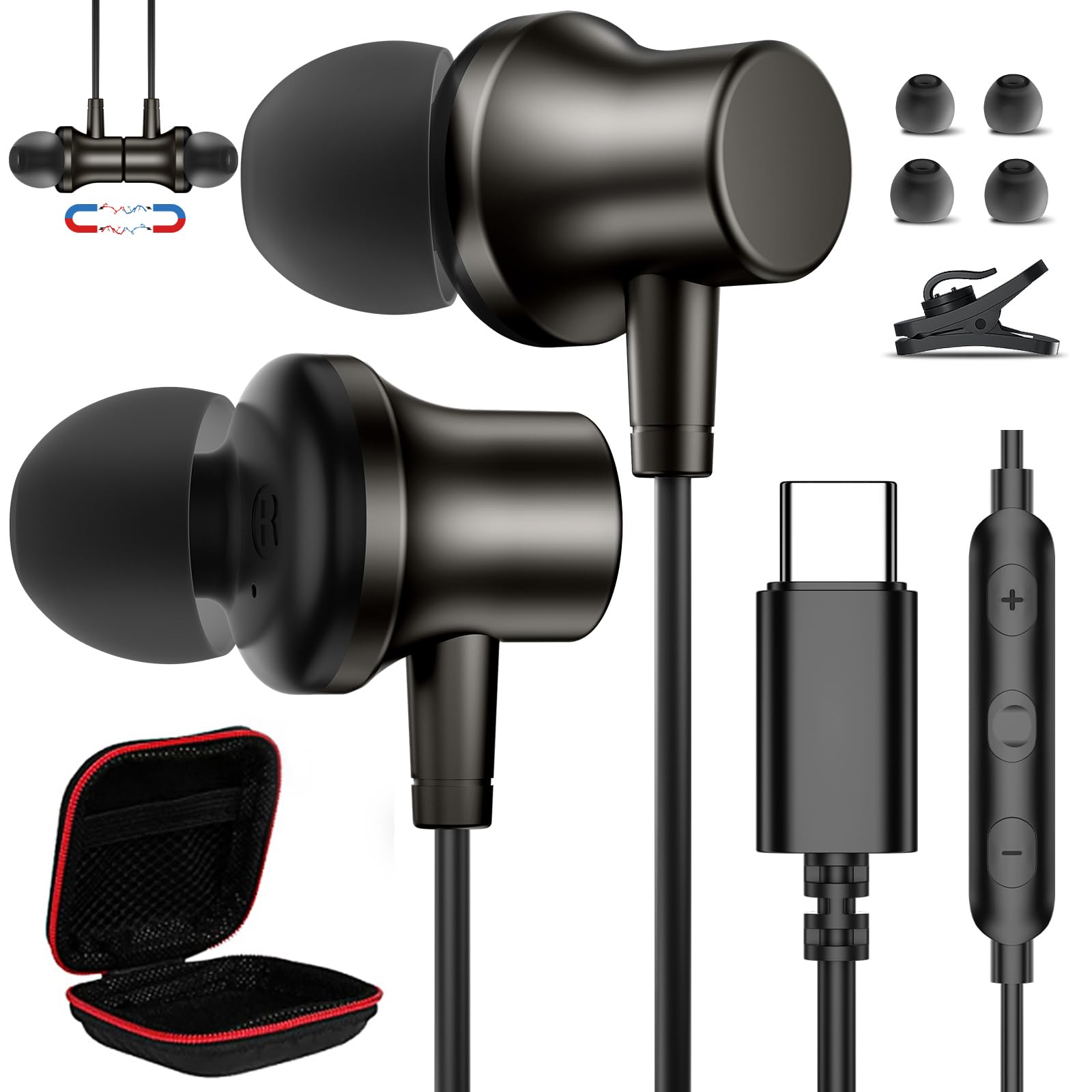 USB C Wired Earbuds with Microphone & Noise Cancellation - Magnetic Type C Earphones Compatible with iPhone 16/15 Pro Max, Samsung S25/S24/A Series, iPad 10/11 & Pixel 9 - Perfect for Commuting, Gaming & Work Calls