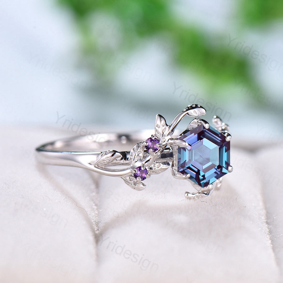 Vintage Hexagon Alexandrite and Amethyst Engagement Ring - Unique 6-Prong Bridal Ring for Women with Leaf Vine Design | Perfect for Promise Rings, Weddings & Special Occasions