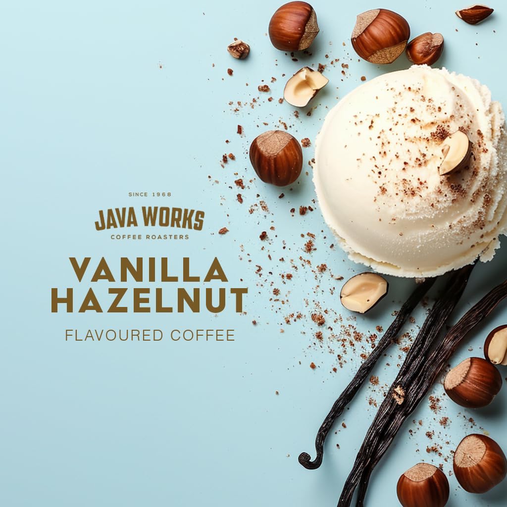 Java Works Coffee Vanilla Hazelnut Flavored Ground Coffee, 12oz (340g) - Rich & Aromatic Blend for Home Brewing, Office, or Gifts
