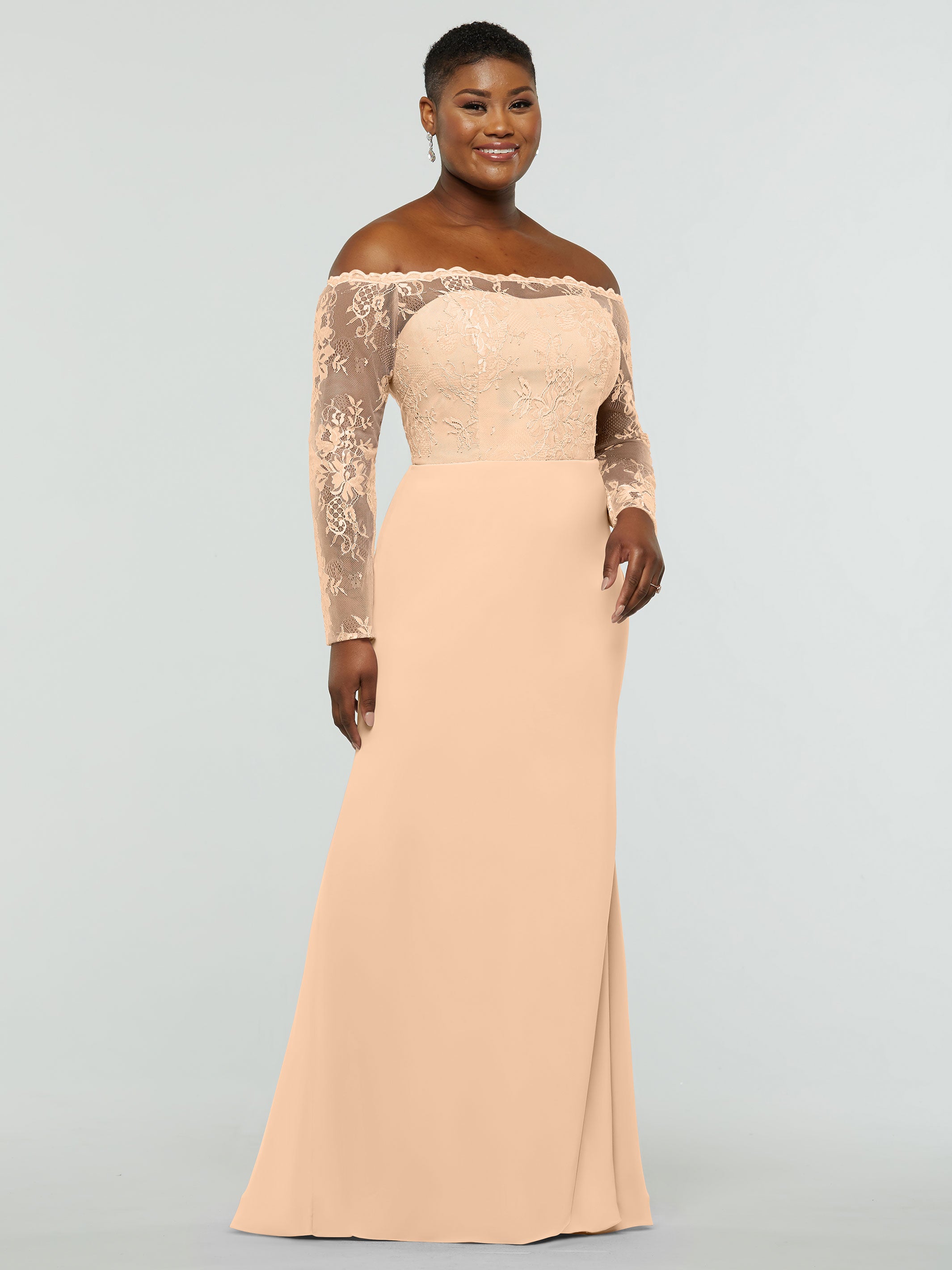 Elegant 80191 Chiffon & Lace Mermaid Bridesmaid Dress with Off-the-Shoulder Long Sleeves - Perfect for Weddings, Formal Events & Evening Parties