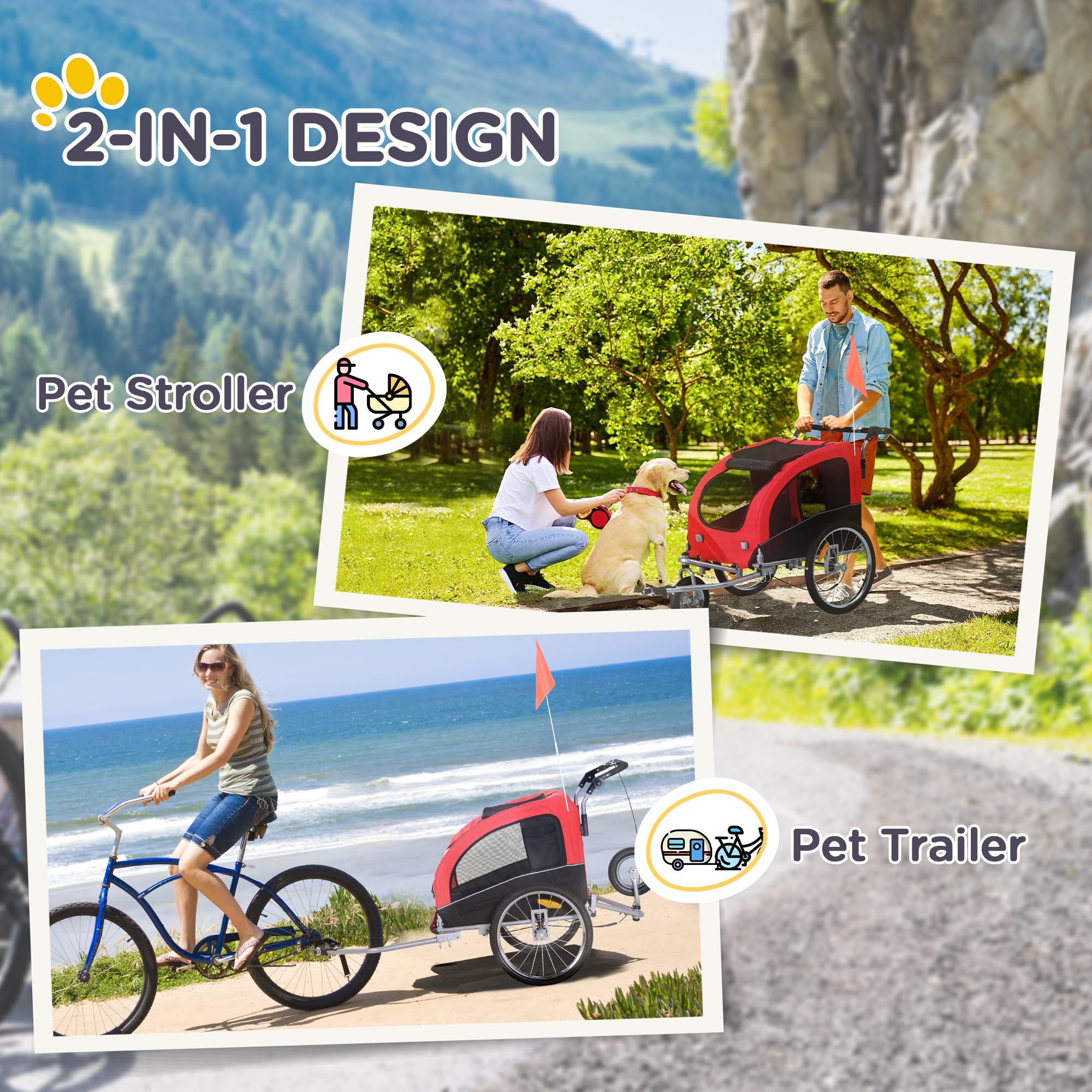 Aosom 2-in-1 Dog Bike Trailer & Pet Stroller with Canopy, Storage Pockets - Perfect for Cycling Adventures & Outdoor Walks with Your Pet