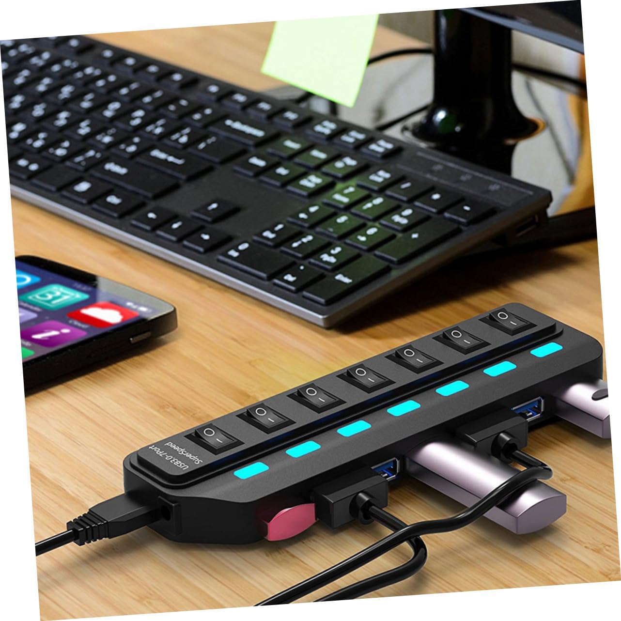 HOMSFOU USB 3.0 Hub 7-Port Docking Station - High-Speed Data Hub for Laptop, Computer, and Tablets - Ideal for Home Office and Multi-Device Setup