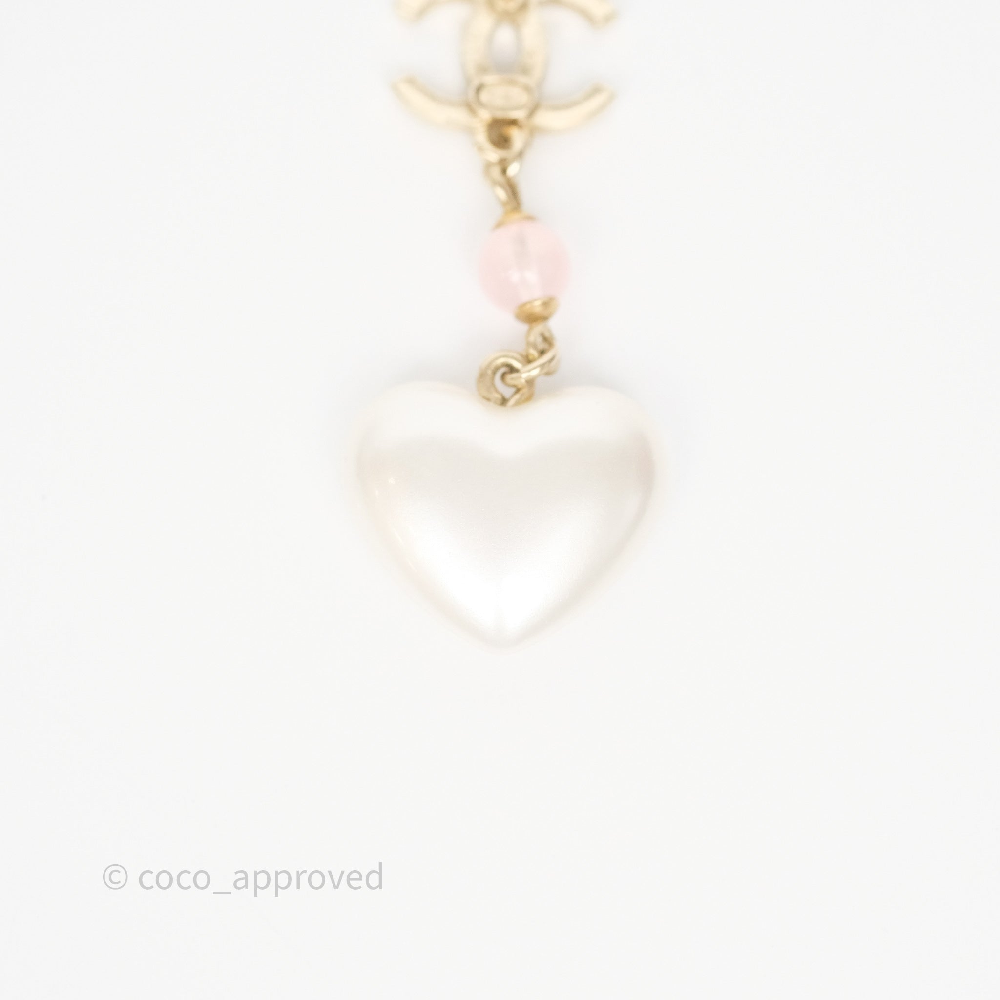 Chanel CC Pink Bead Heart Pearl Crystal Drop Earrings in Gold Tone - Elegant Luxury Jewelry for Women, Perfect for Parties, Weddings & Special Occasions