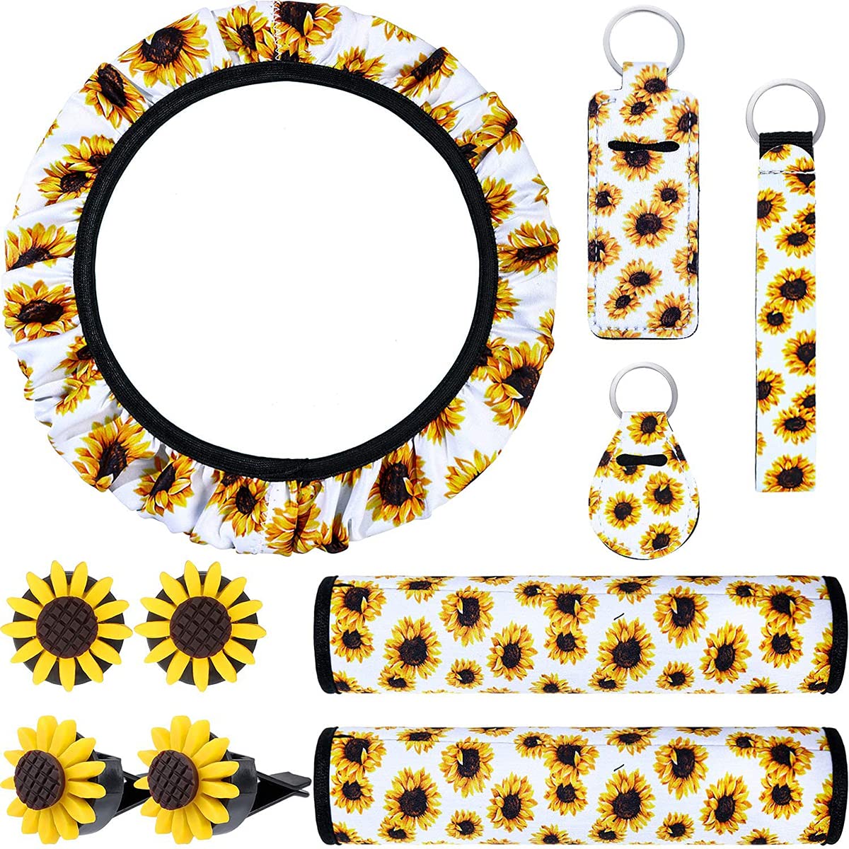 YONGYAO 10-Piece Sunflower Car Accessories Set with Steering Wheel Cover - Cute Floral Car Decor for Women, Perfect for Summer Road Trips & Boho Style Vehicle Interior