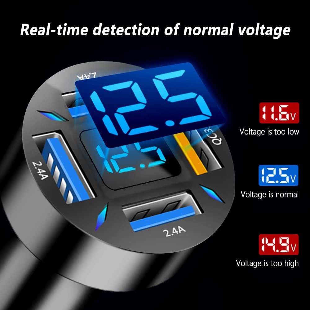 4-Port USB Car Fast Charger with QC3.0 & LED Lights - 36W High Speed Cigarette Lighter USB Charger Compatible with iPhone 15/14, Samsung Galaxy S23, iPad Pro & More Smartphones - Perfect for Road Trips, Family Travel & Business Commutes