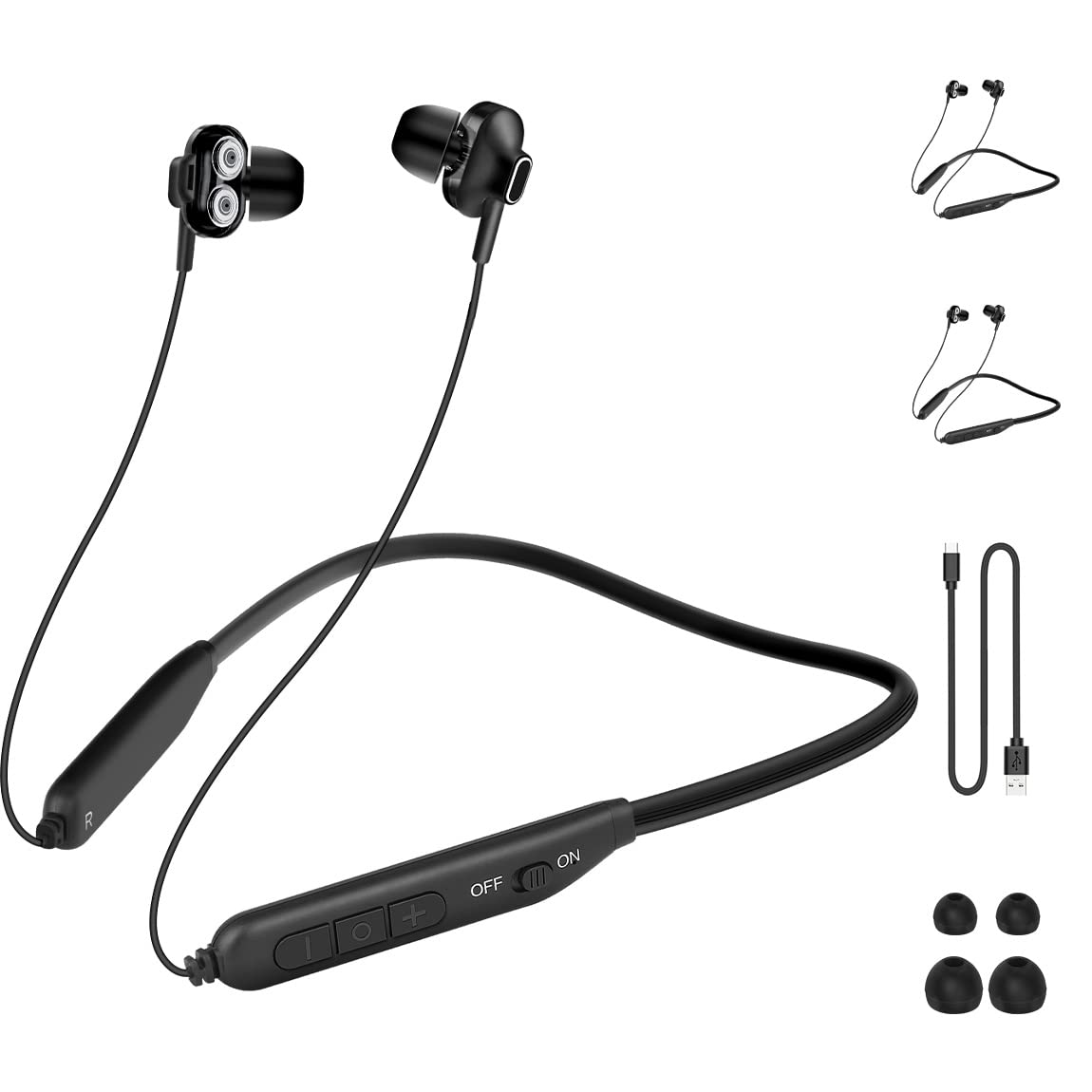 MAS CARNEY [2 Pack] Wireless Bluetooth in-Ear Earphones BI2, Neckband Magnetic Headphones with Mic & Dual Drivers for Phone Calls, Music, Running, Gym - Black | Perfect for Workouts, Commuting & Travel