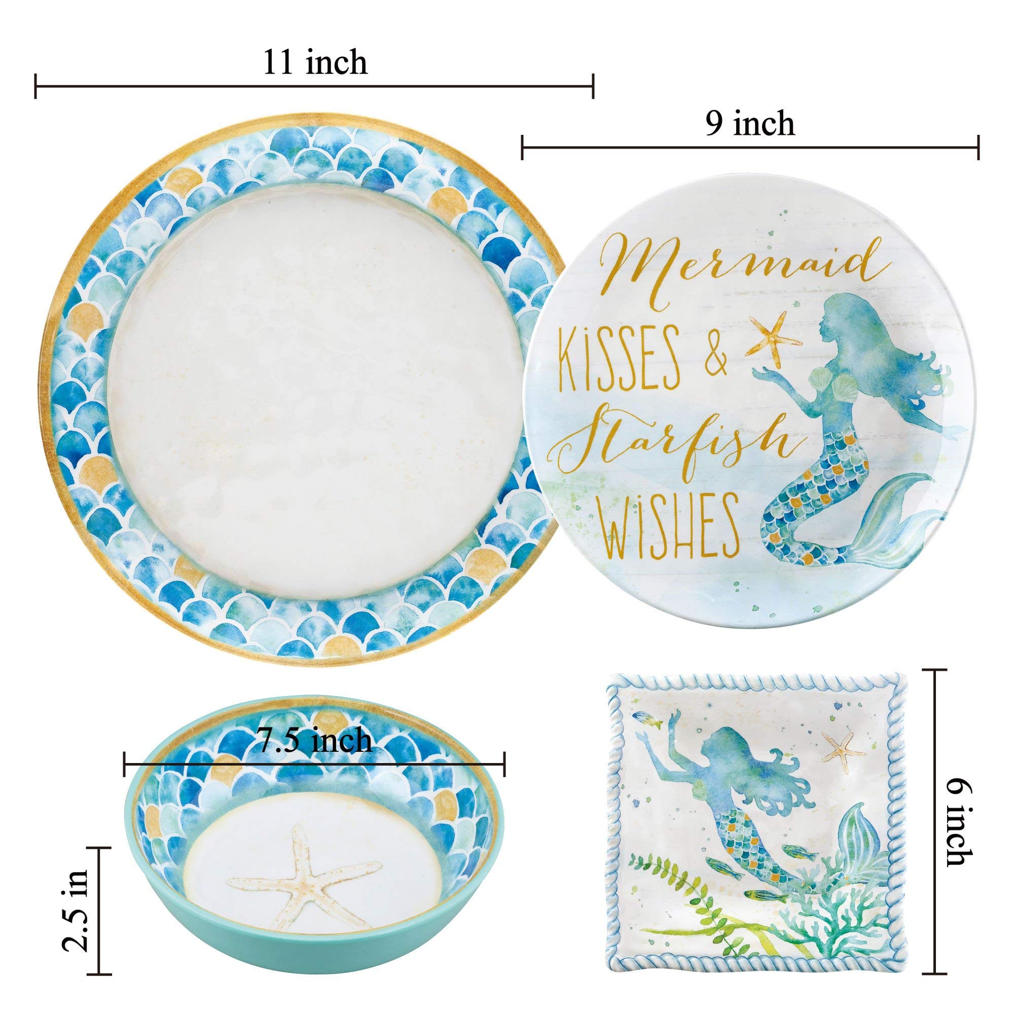 UPware Mermaid Melamine Square Dessert Plates - 6 Inch Small Serving Plates for Appetizers, Snacks & Side Dishes - Set of 4 Blue Dishware - Perfect for Beach Parties, Poolside Snacks & Summer Entertaining
