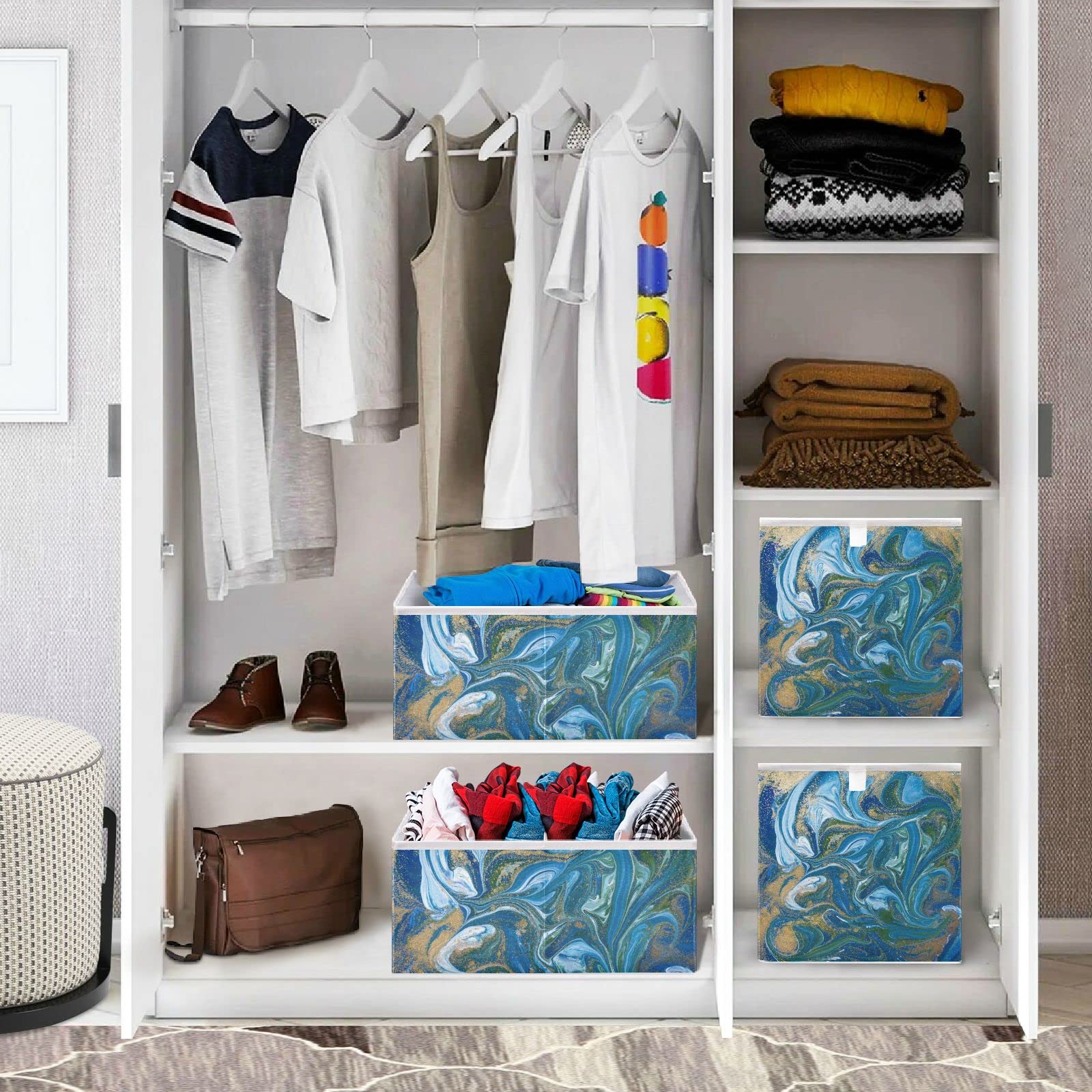 Blue Green Marble Storage Basket - Collapsible Rectangular Fabric Bin for Home, Laundry Room & Office Organization | Perfect for Shelves, Closet & Bathroom Storage