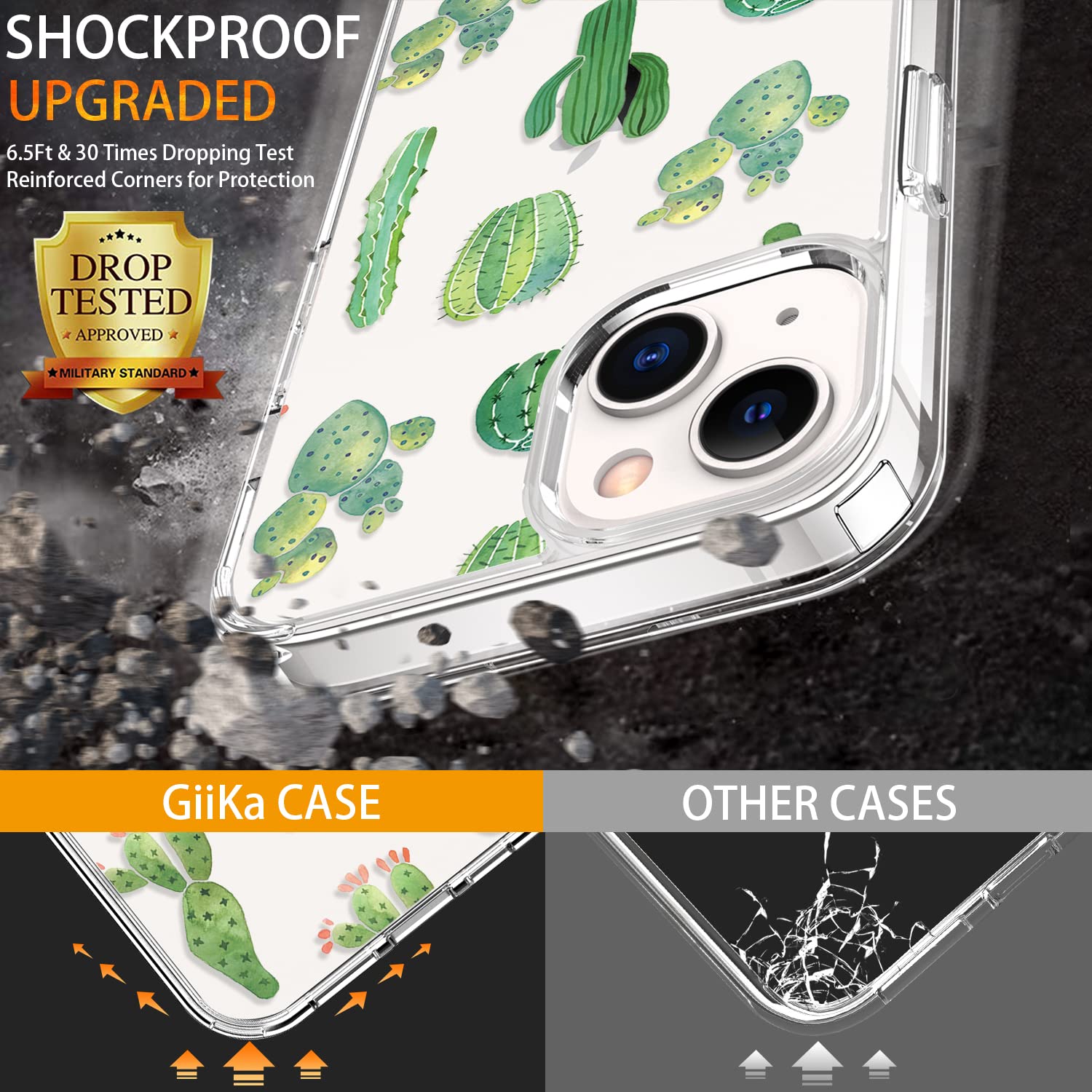 GiiKa iPhone 13 Mini Case with Screen Protector - 5.4 Inch Clear Full Body Shockproof Protective Floral Design Hard Case with TPU Bumper Cover for Women (Green Cactus) - Perfect for Everyday Use, Travel & Outdoor Activities