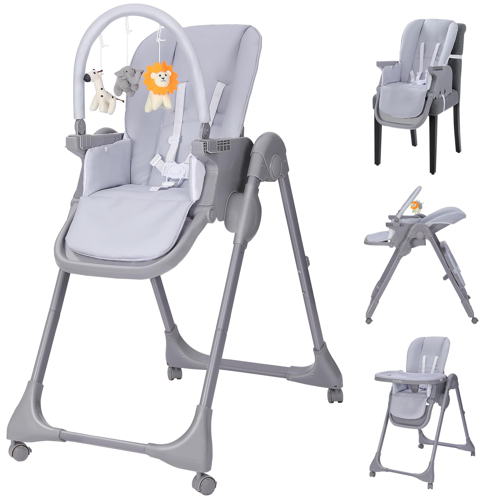 Ezebaby Adjustable Baby High Chair with Recline - Foldable, Convertible 2-in-1 Dining Booster Seat, Portable Toddler Chair with 4 Wheels & Toy Tray - Gray | Perfect for Home, Restaurants & Travel