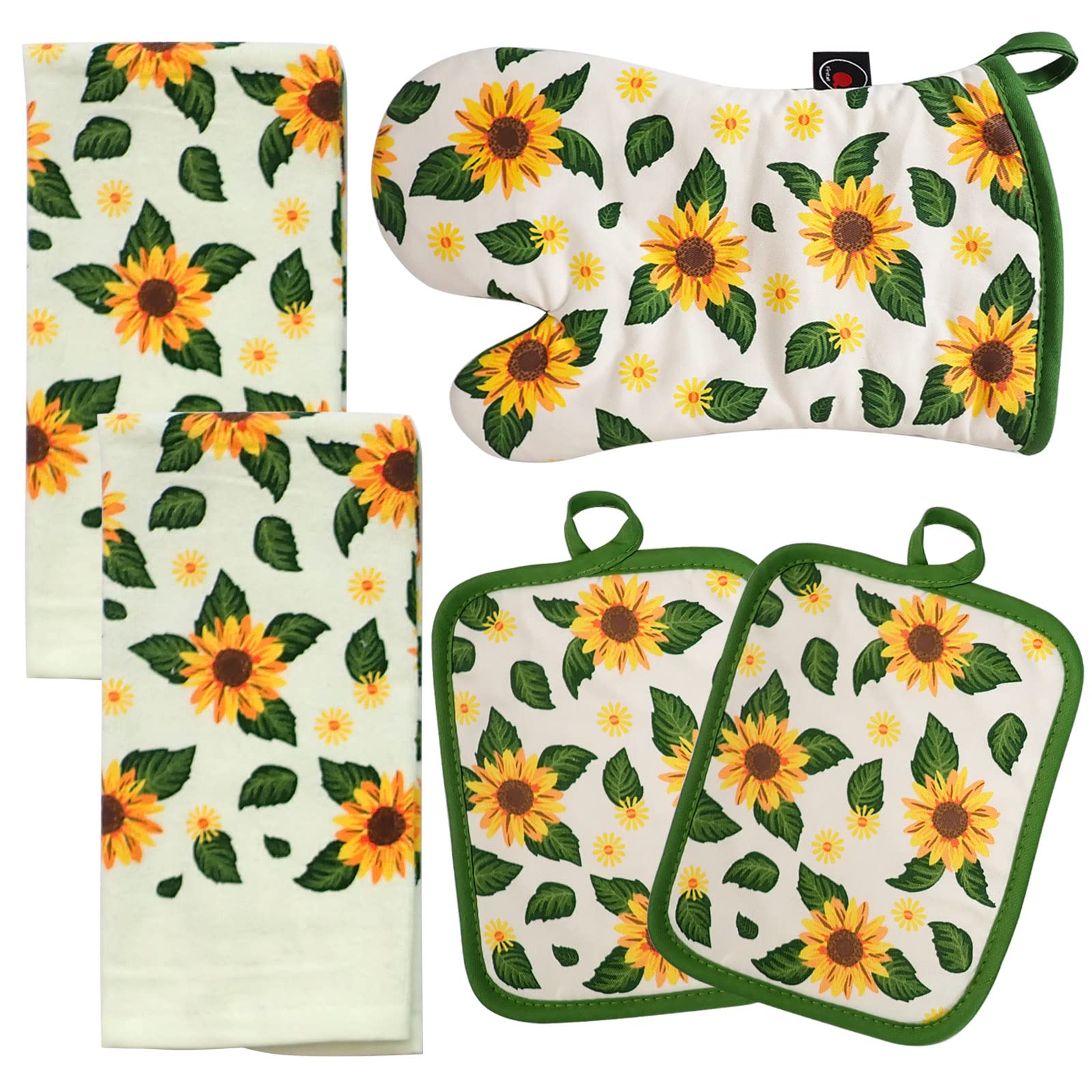Heat Resistant Oven Mitts and Potholders Set - 100% Cotton Kitchen Accessories for Baking, Cooking & Gifting (5-Piece Sunflower Design) - Perfect for Holiday Meals, BBQ Grilling & Home Kitchen Use
